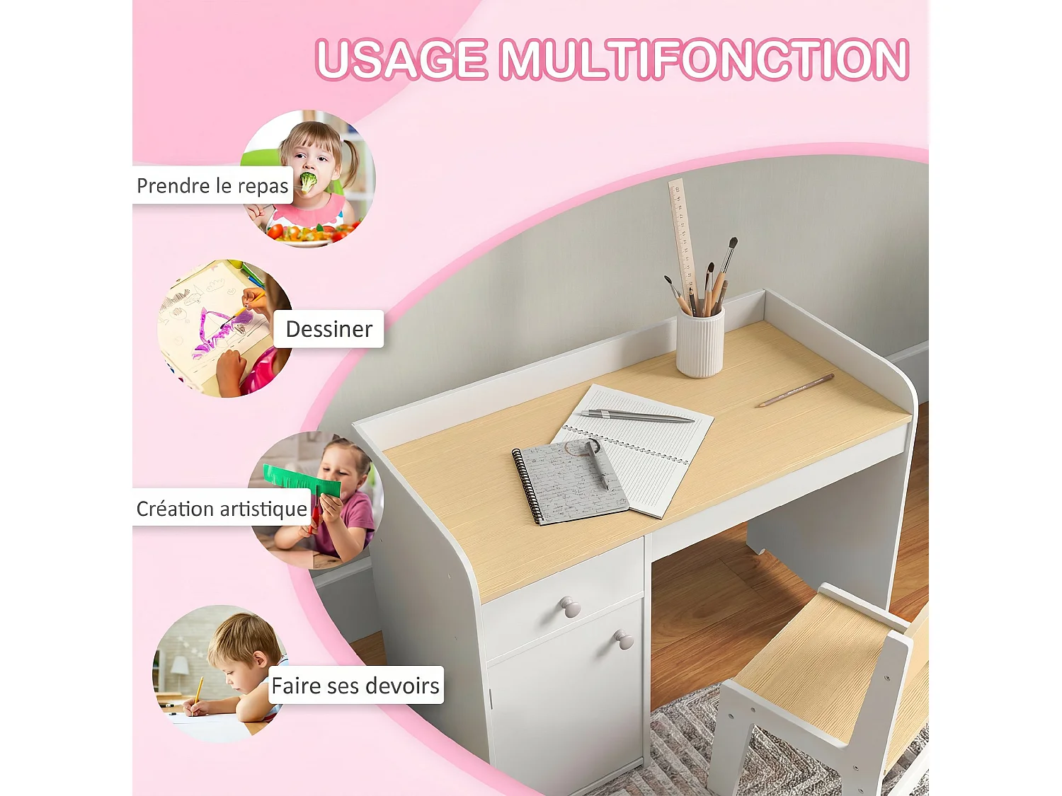 Ensemble bureau chaise enfant style nordique multi-rangement blanc effet bois clair