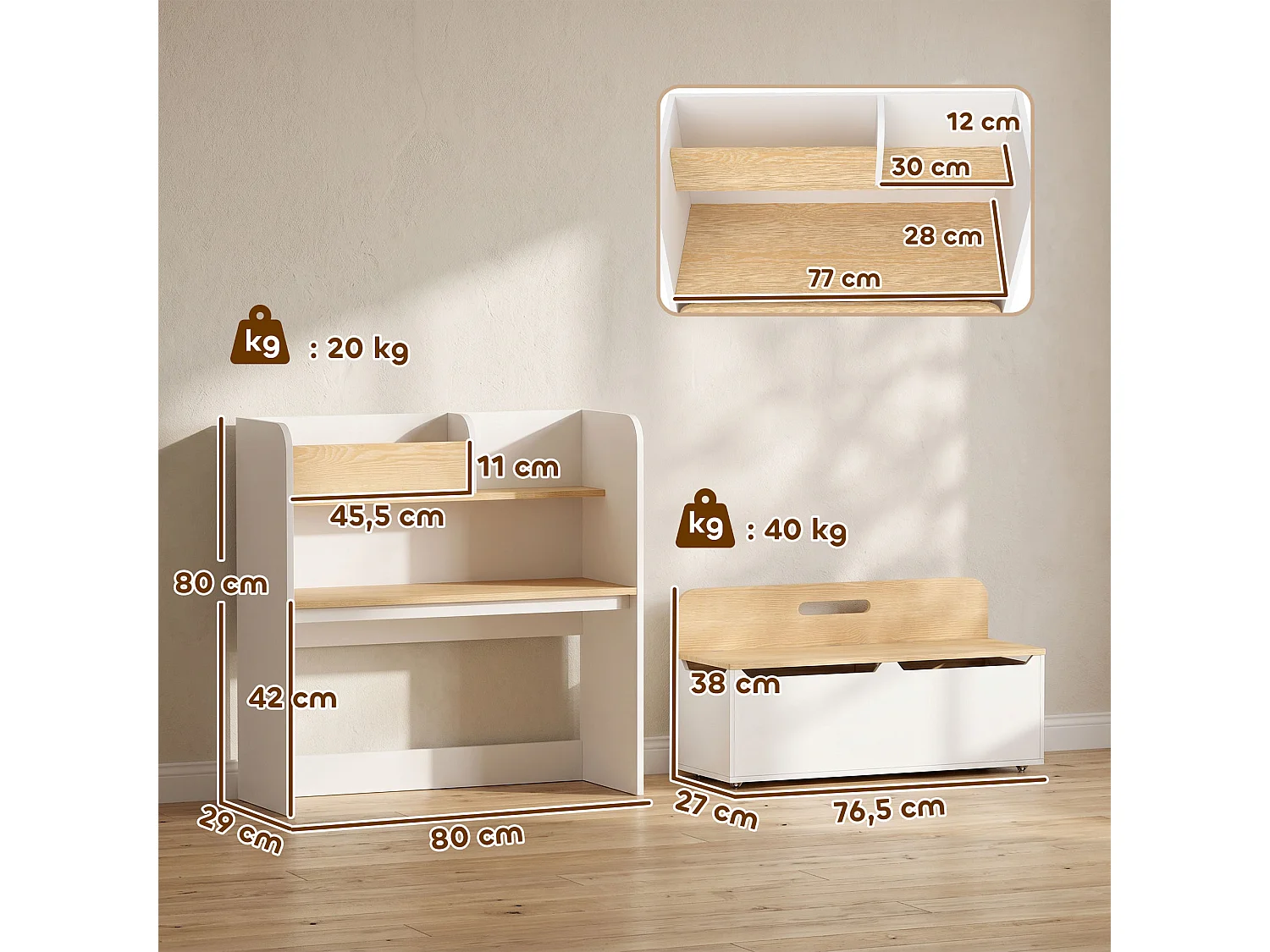 Bureau chaise enfant 5 en 1 style nordique multi-rangement blanc effet bois