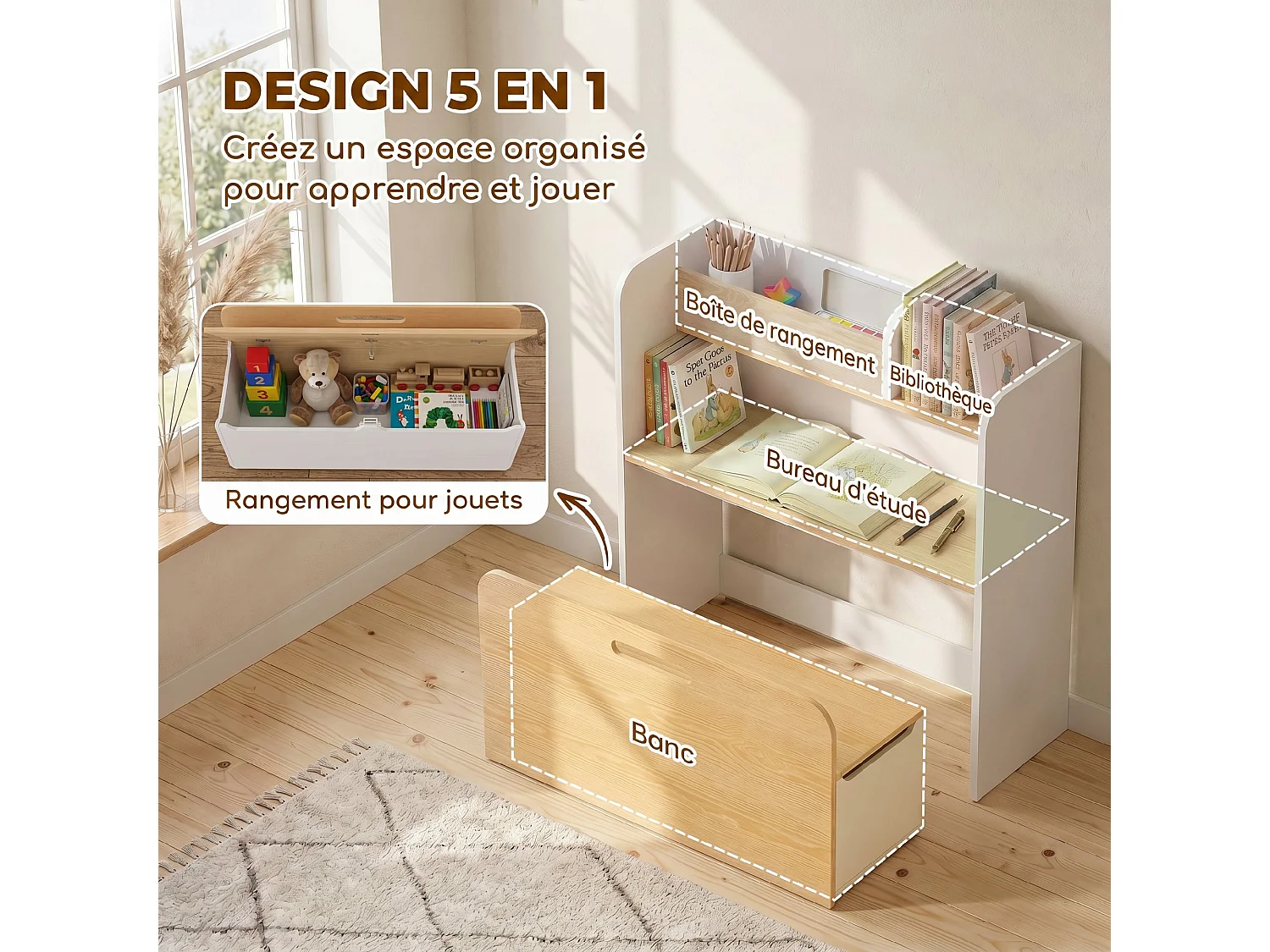 Bureau chaise enfant 5 en 1 style nordique multi-rangement blanc effet bois