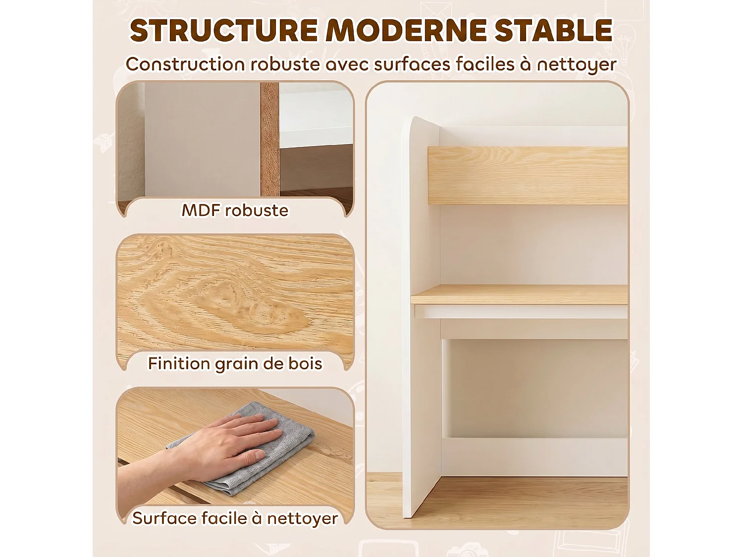 Bureau chaise enfant 5 en 1 style nordique multi-rangement blanc effet bois