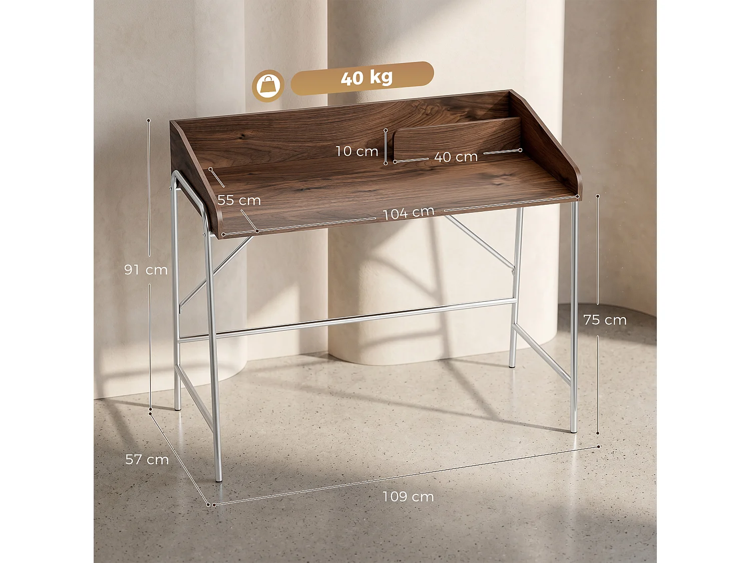 Bureau secrétaire style vintage métal chromé effet bois noyer