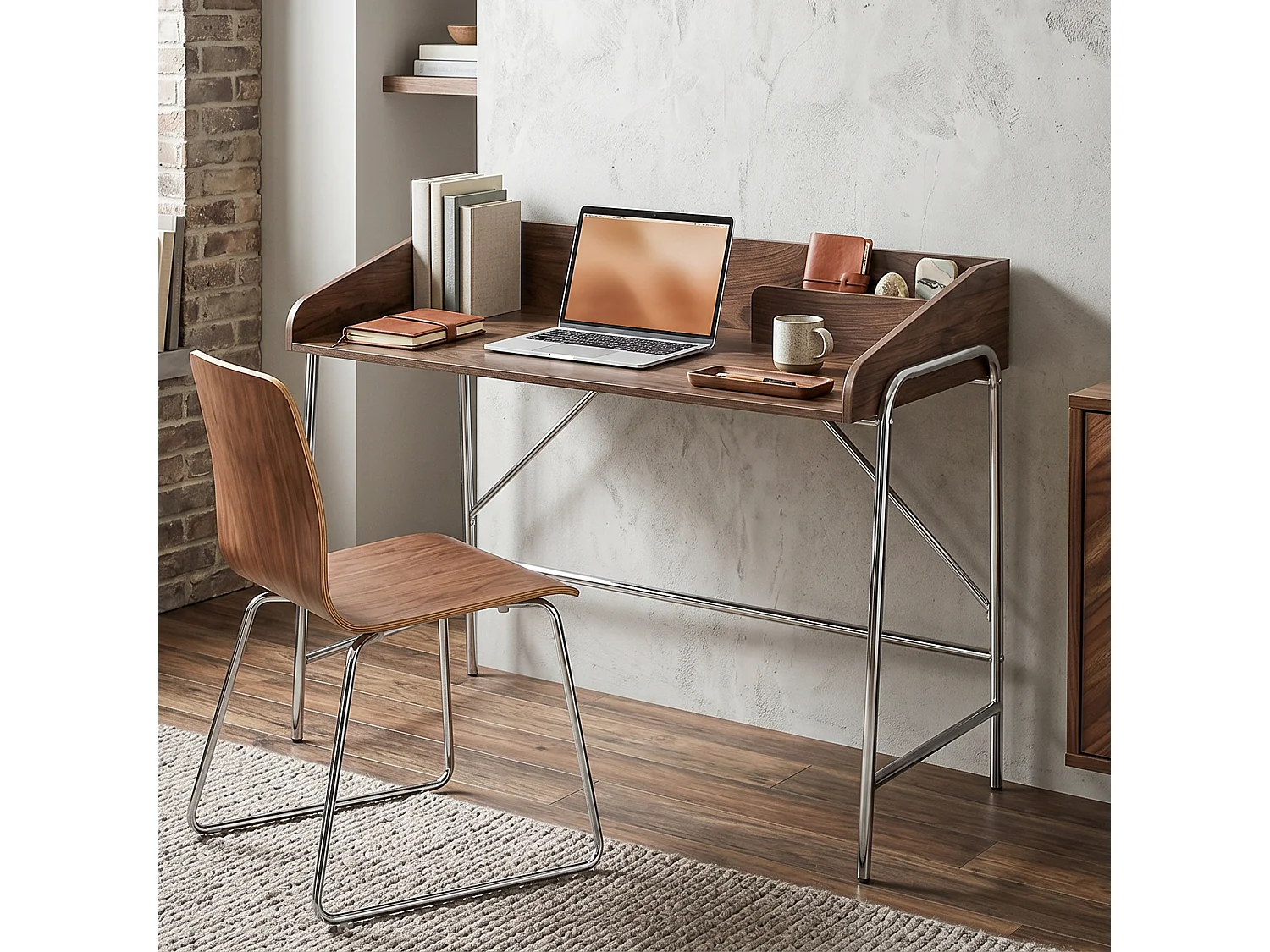 Bureau secrétaire style vintage métal chromé effet bois noyer
