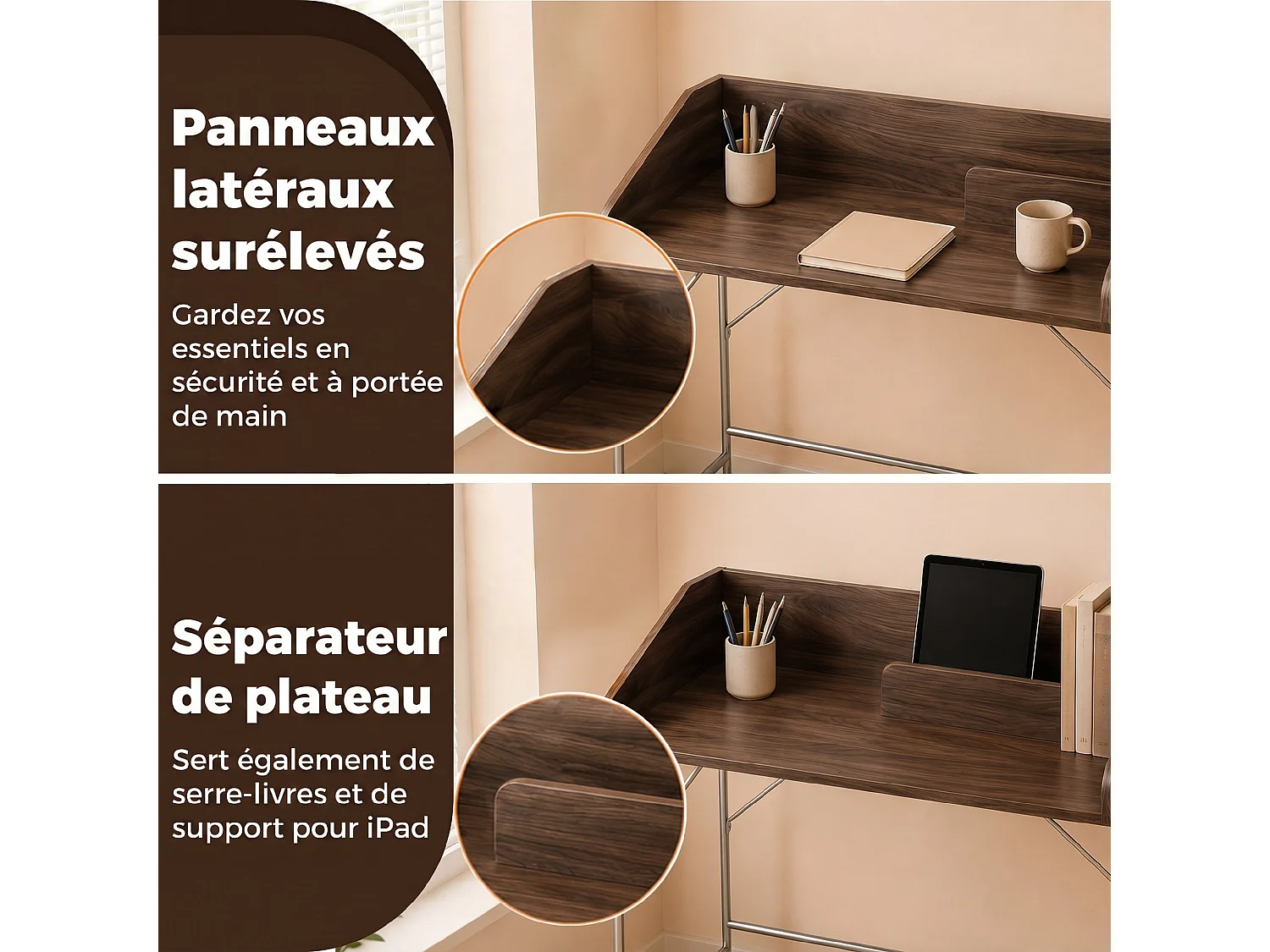Bureau secrétaire style vintage métal chromé effet bois noyer