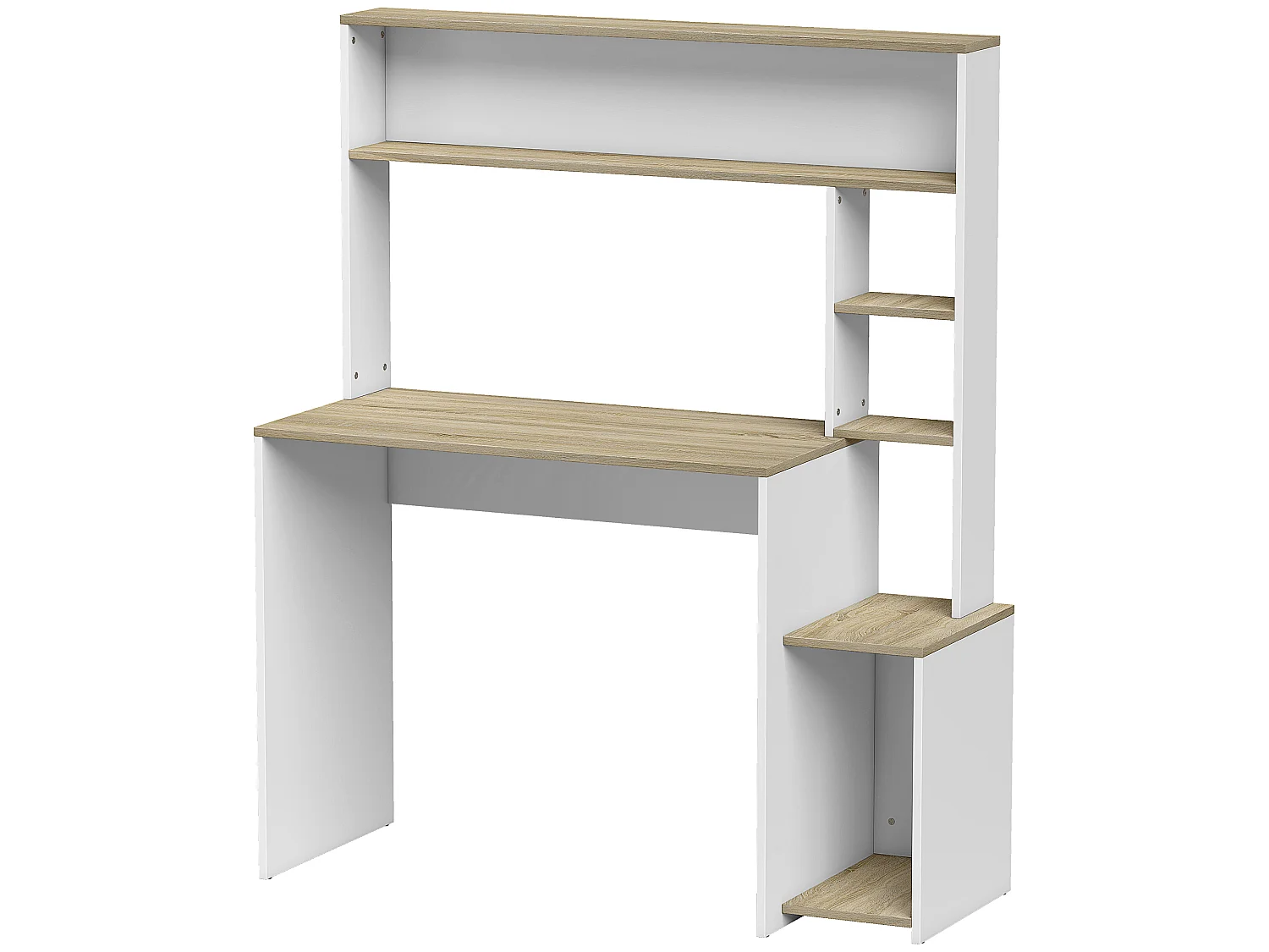 Bureau multi-rangement 5 étagères dim. 114L x 45l x 138H cm blanc aspect chêne clair