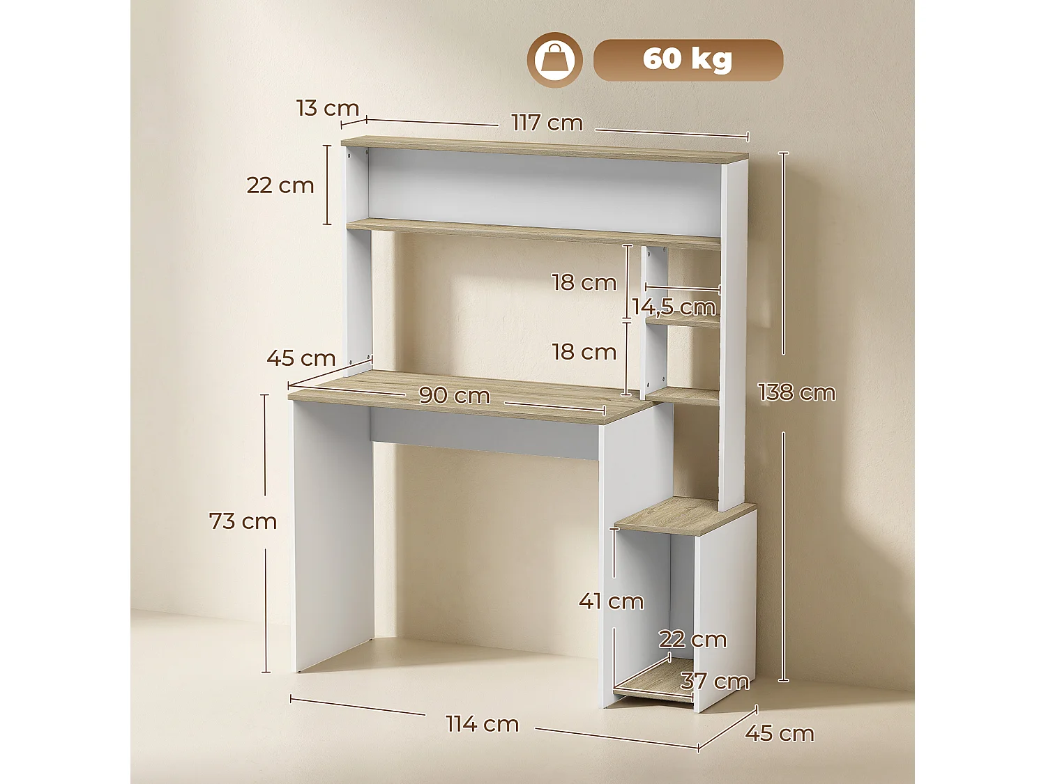 Bureau multi-rangement 5 étagères dim. 114L x 45l x 138H cm blanc aspect chêne clair