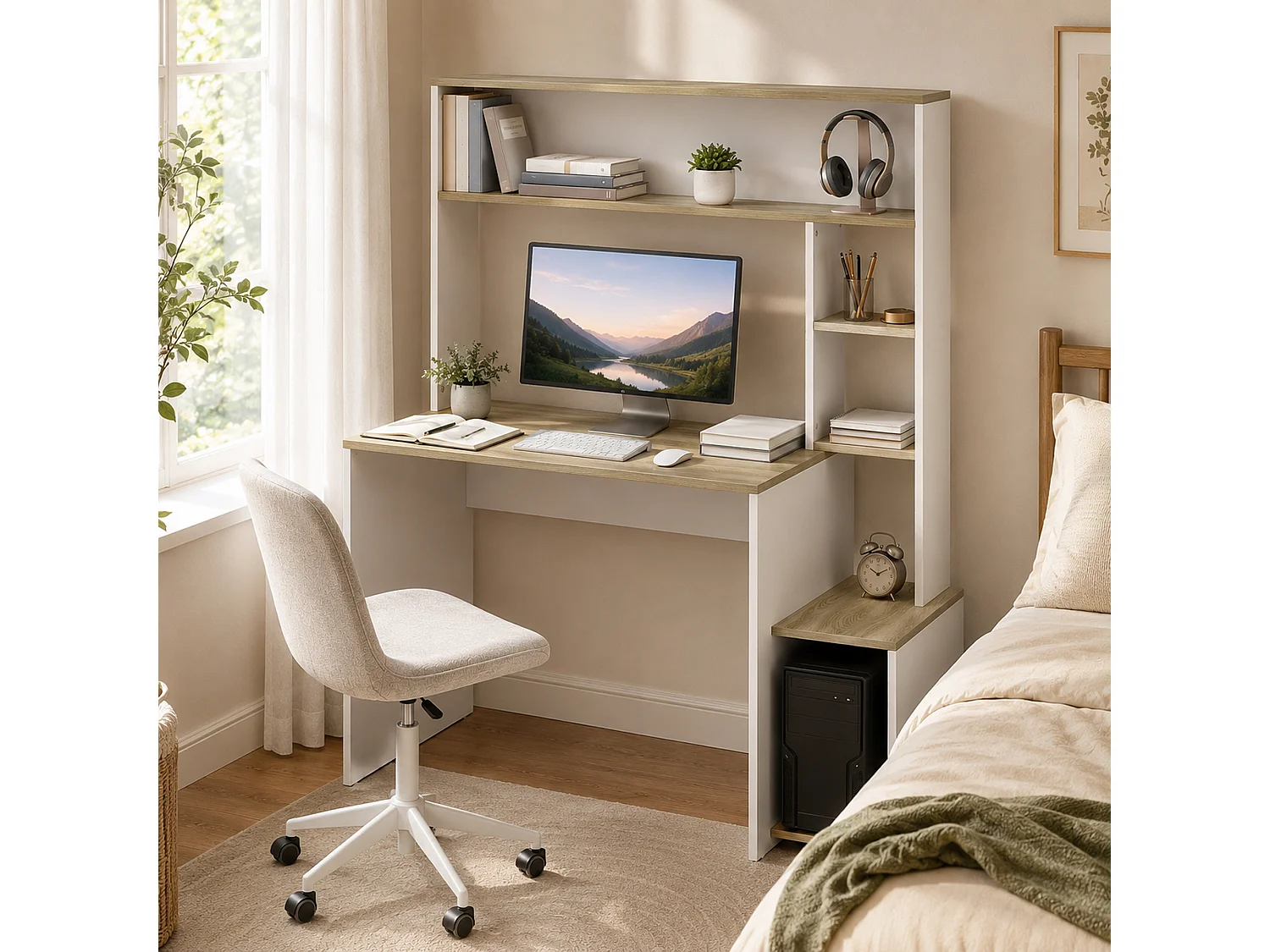 Bureau multi-rangement 5 étagères dim. 114L x 45l x 138H cm blanc aspect chêne clair