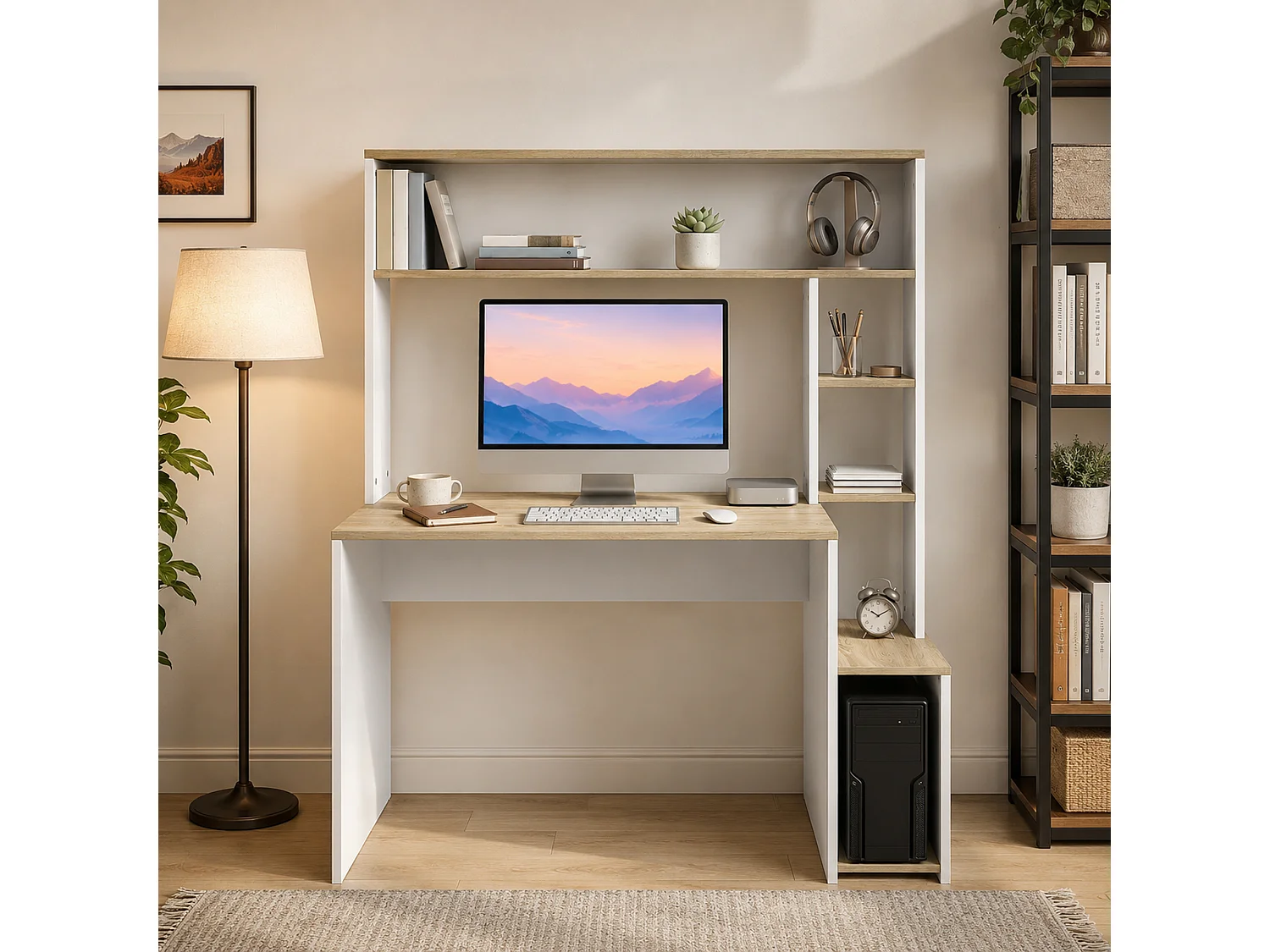 Bureau multi-rangement 5 étagères dim. 114L x 45l x 138H cm blanc aspect chêne clair