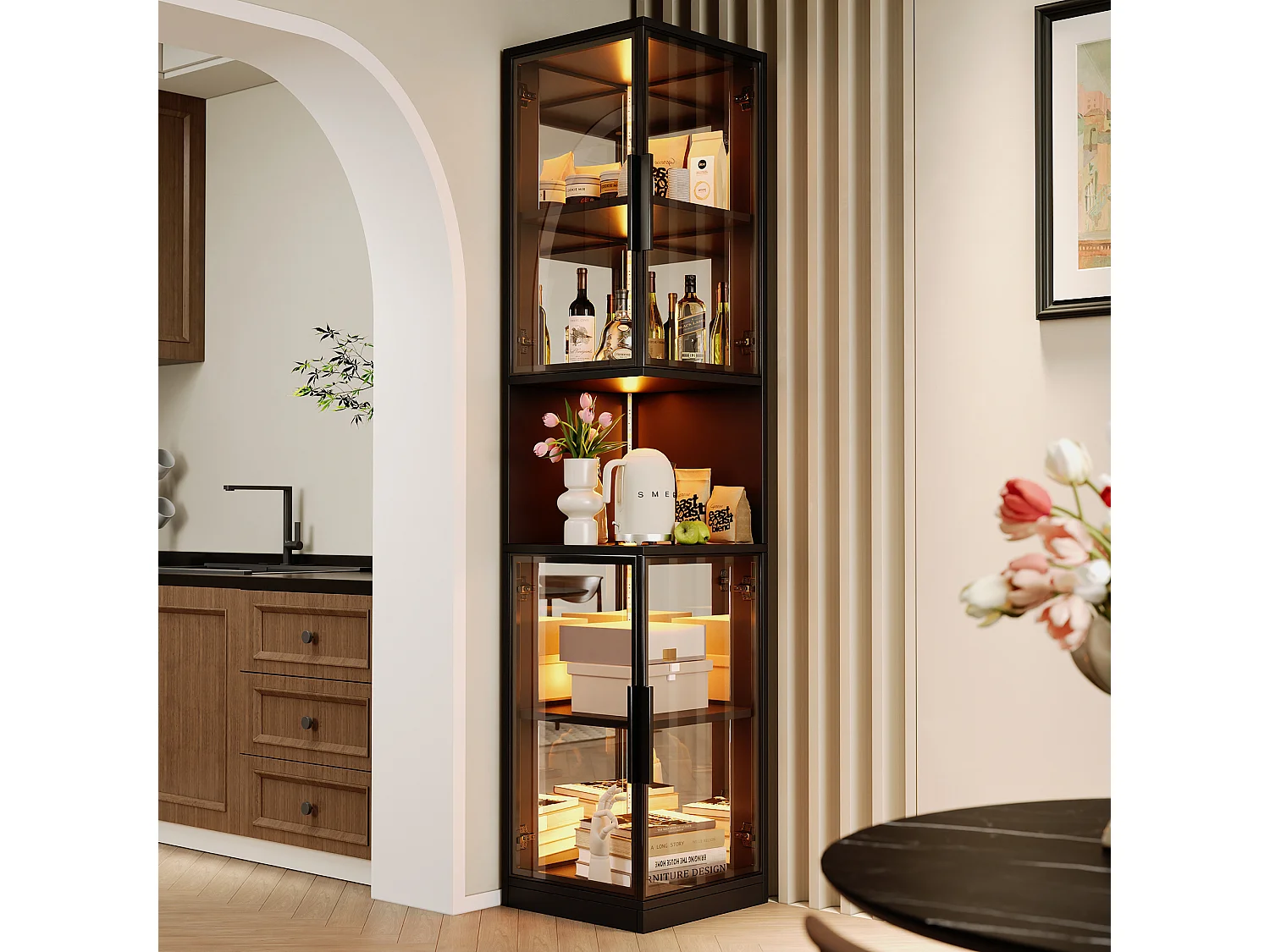LED-Vitrinenschrank mit 4 Glastüren und verspiegelter Rückwand – Spanplatte, Glas und Spiegel – 42 x 44 x 205 cm – Schwarz