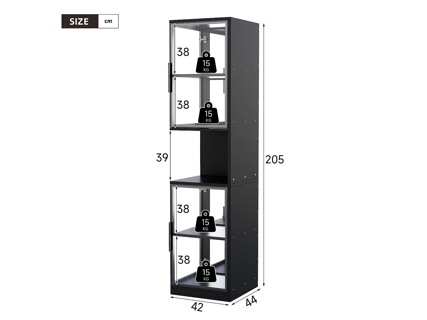 LED-Vitrinenschrank mit 4 Glastüren und verspiegelter Rückwand – Spanplatte, Glas und Spiegel – 42 x 44 x 205 cm – Schwarz