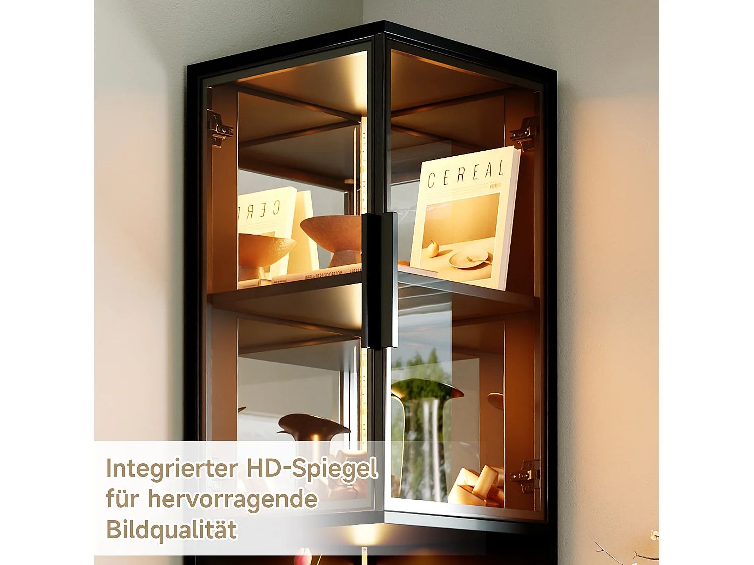 LED-Vitrinenschrank mit 4 Glastüren und verspiegelter Rückwand – Spanplatte, Glas und Spiegel – 42 x 44 x 205 cm – Schwarz