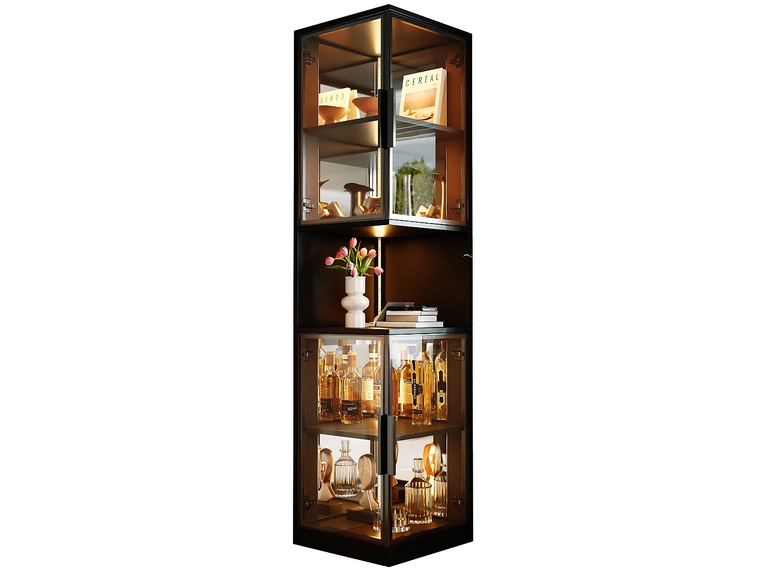 LED-Vitrinenschrank mit 4 Glastüren und verspiegelter Rückwand – Spanplatte, Glas und Spiegel – 42 x 44 x 205 cm – Schwarz