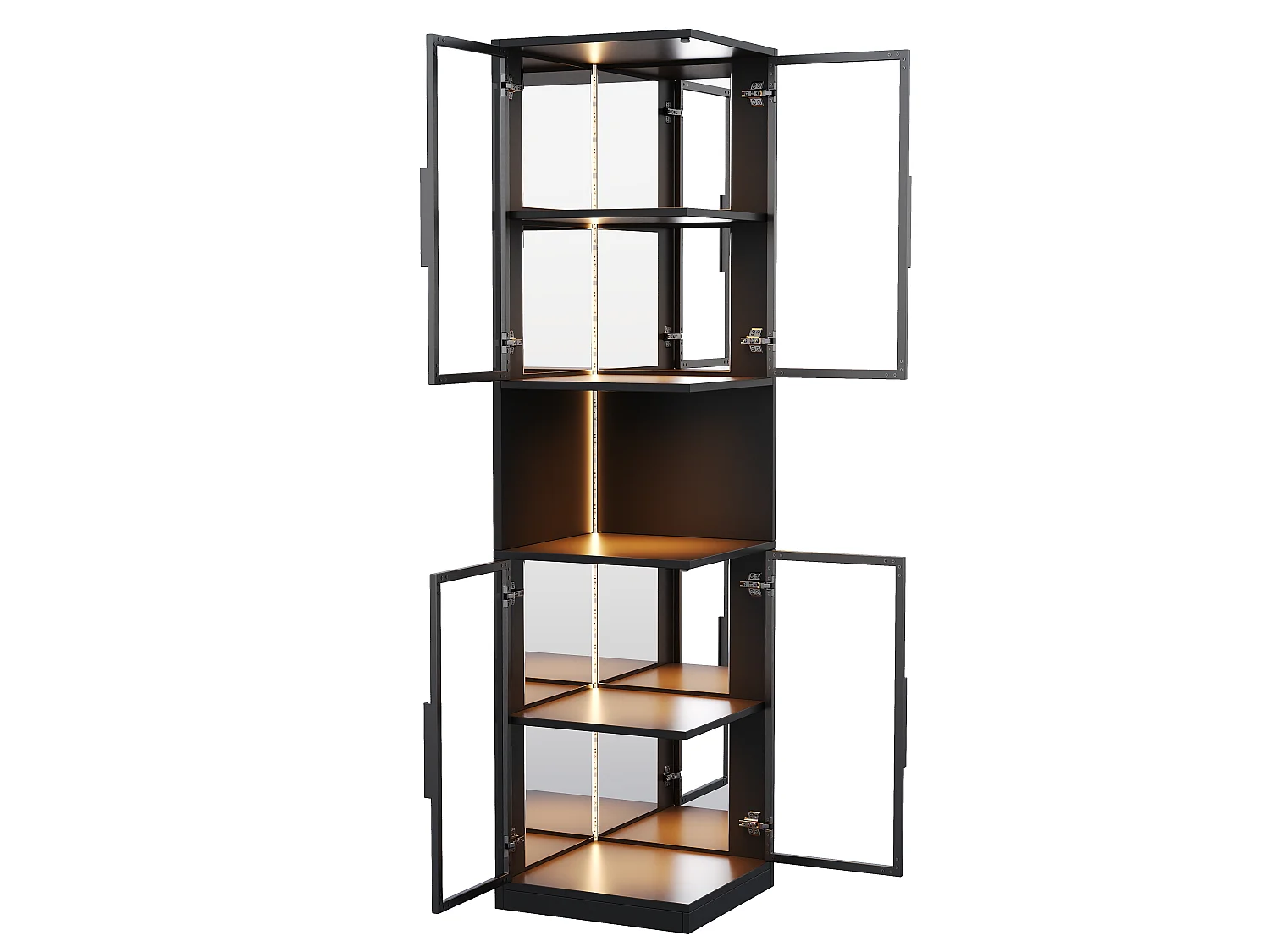 LED-Vitrinenschrank mit 4 Glastüren und verspiegelter Rückwand – Spanplatte, Glas und Spiegel – 42 x 44 x 205 cm – Schwarz