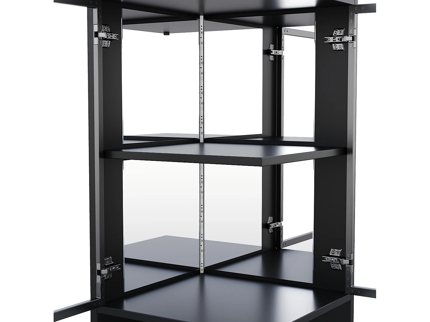 LED-Vitrinenschrank mit 4 Glastüren und verspiegelter Rückwand – Spanplatte, Glas und Spiegel – 42 x 44 x 205 cm – Schwarz