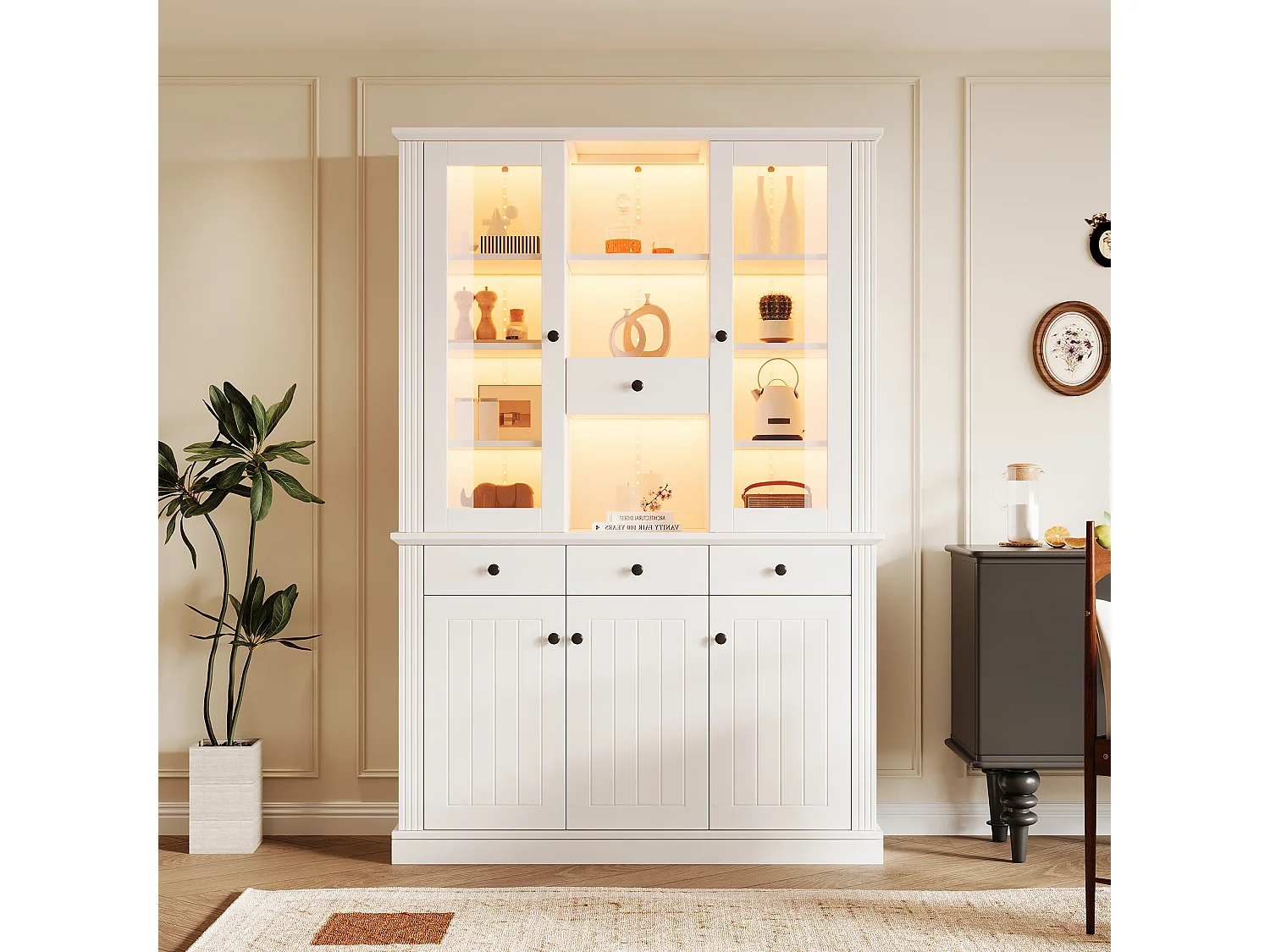 Vitrine mit 5 Türen, 4 Schubladen, 21 Fächern und LED-Beleuchtung – MDF und Acryl – 119,5 × 40 × 180 cm – Weiß