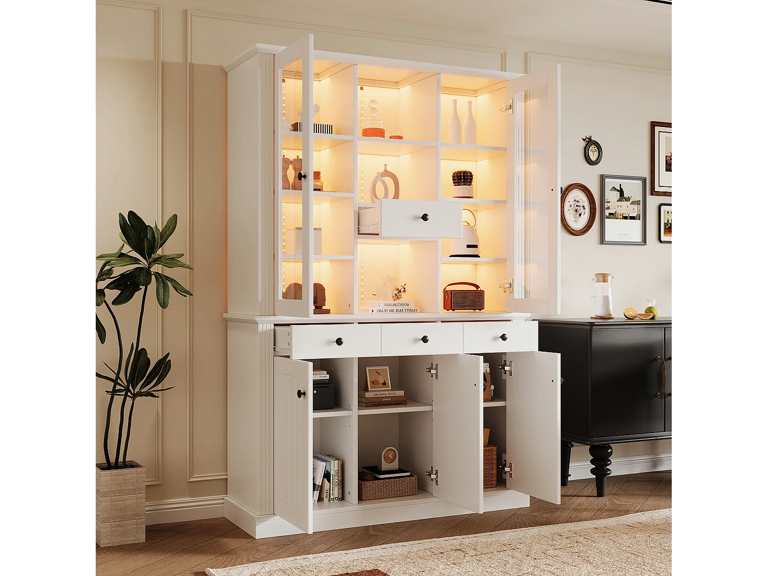 Vitrine mit 5 Türen, 4 Schubladen, 21 Fächern und LED-Beleuchtung – MDF und Acryl – 119,5 × 40 × 180 cm – Weiß