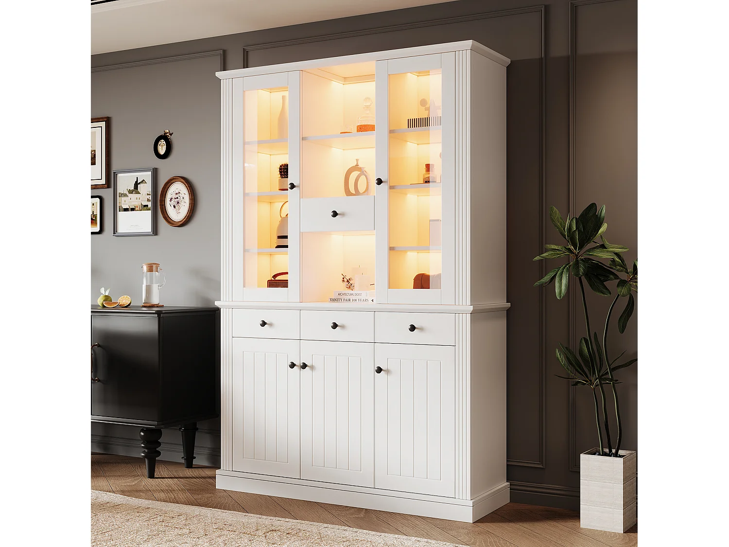 Vitrine mit 5 Türen, 4 Schubladen, 21 Fächern und LED-Beleuchtung – MDF und Acryl – 119,5 × 40 × 180 cm – Weiß