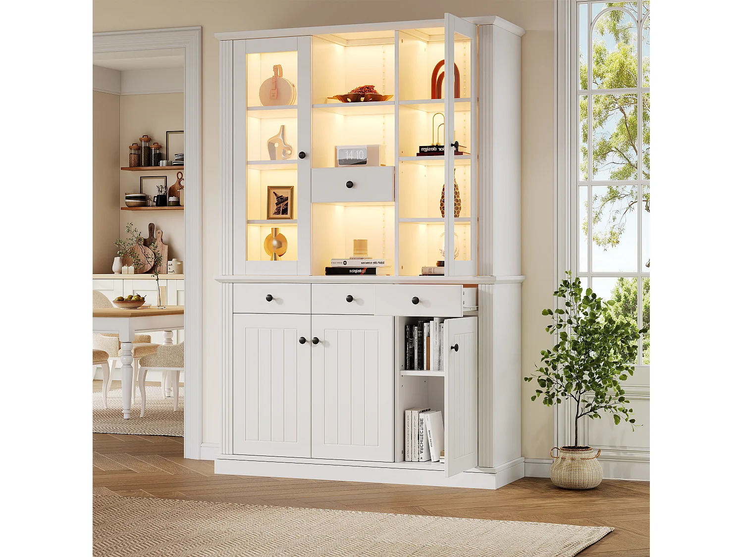 Vitrine mit 5 Türen, 4 Schubladen, 21 Fächern und LED-Beleuchtung – MDF und Acryl – 119,5 × 40 × 180 cm – Weiß