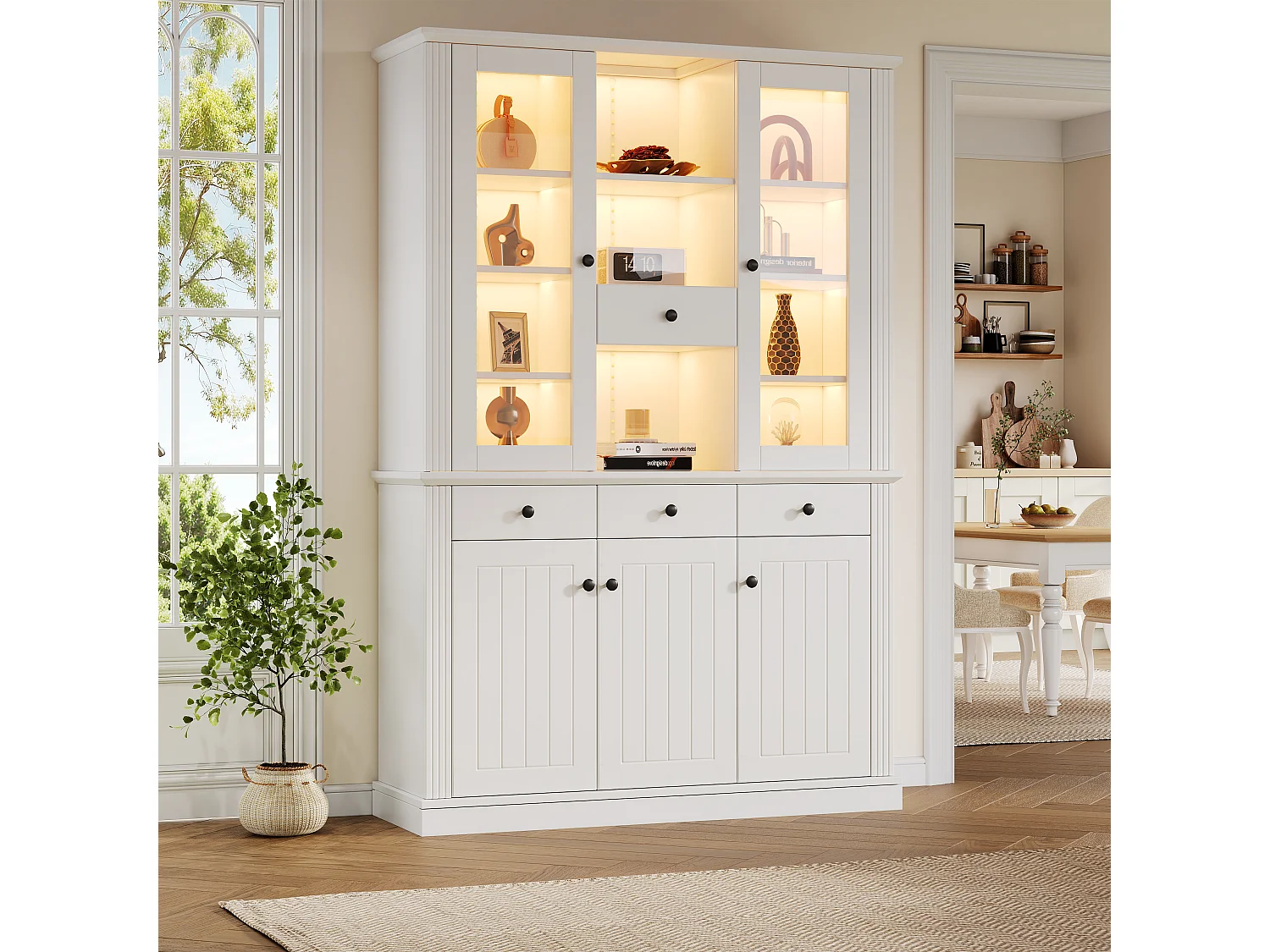 Vitrine mit 5 Türen, 4 Schubladen, 21 Fächern und LED-Beleuchtung – MDF und Acryl – 119,5 × 40 × 180 cm – Weiß