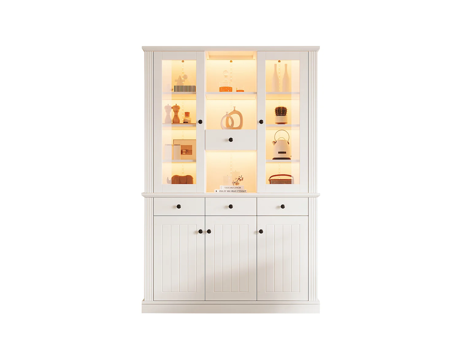 Vitrine mit 5 Türen, 4 Schubladen, 21 Fächern und LED-Beleuchtung – MDF und Acryl – 119,5 × 40 × 180 cm – Weiß
