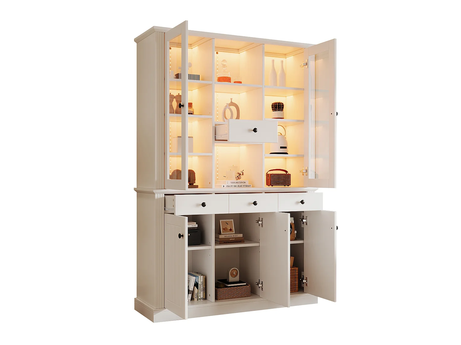 Vitrine mit 5 Türen, 4 Schubladen, 21 Fächern und LED-Beleuchtung – MDF und Acryl – 119,5 × 40 × 180 cm – Weiß