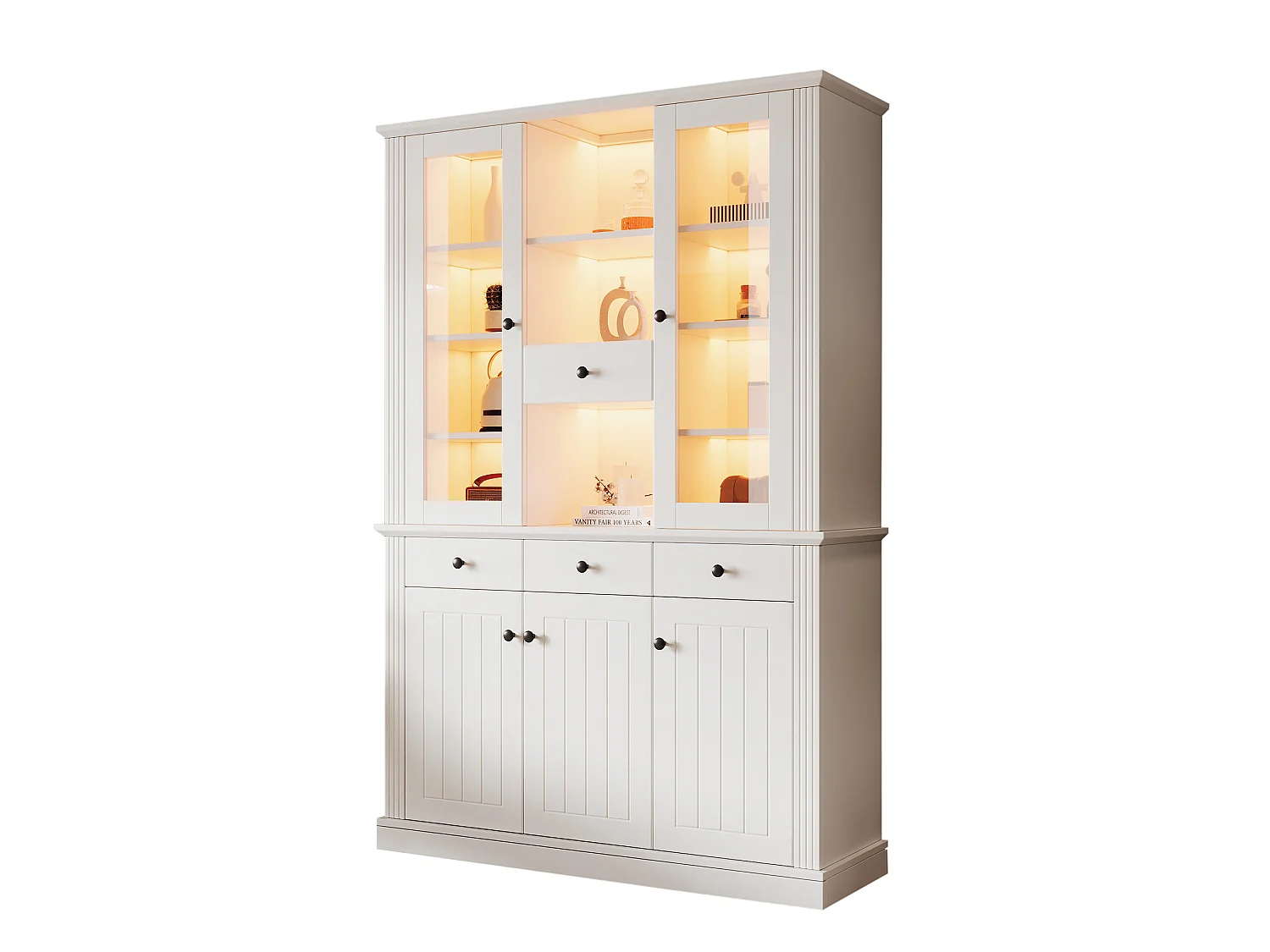 Vitrine mit 5 Türen, 4 Schubladen, 21 Fächern und LED-Beleuchtung – MDF und Acryl – 119,5 × 40 × 180 cm – Weiß