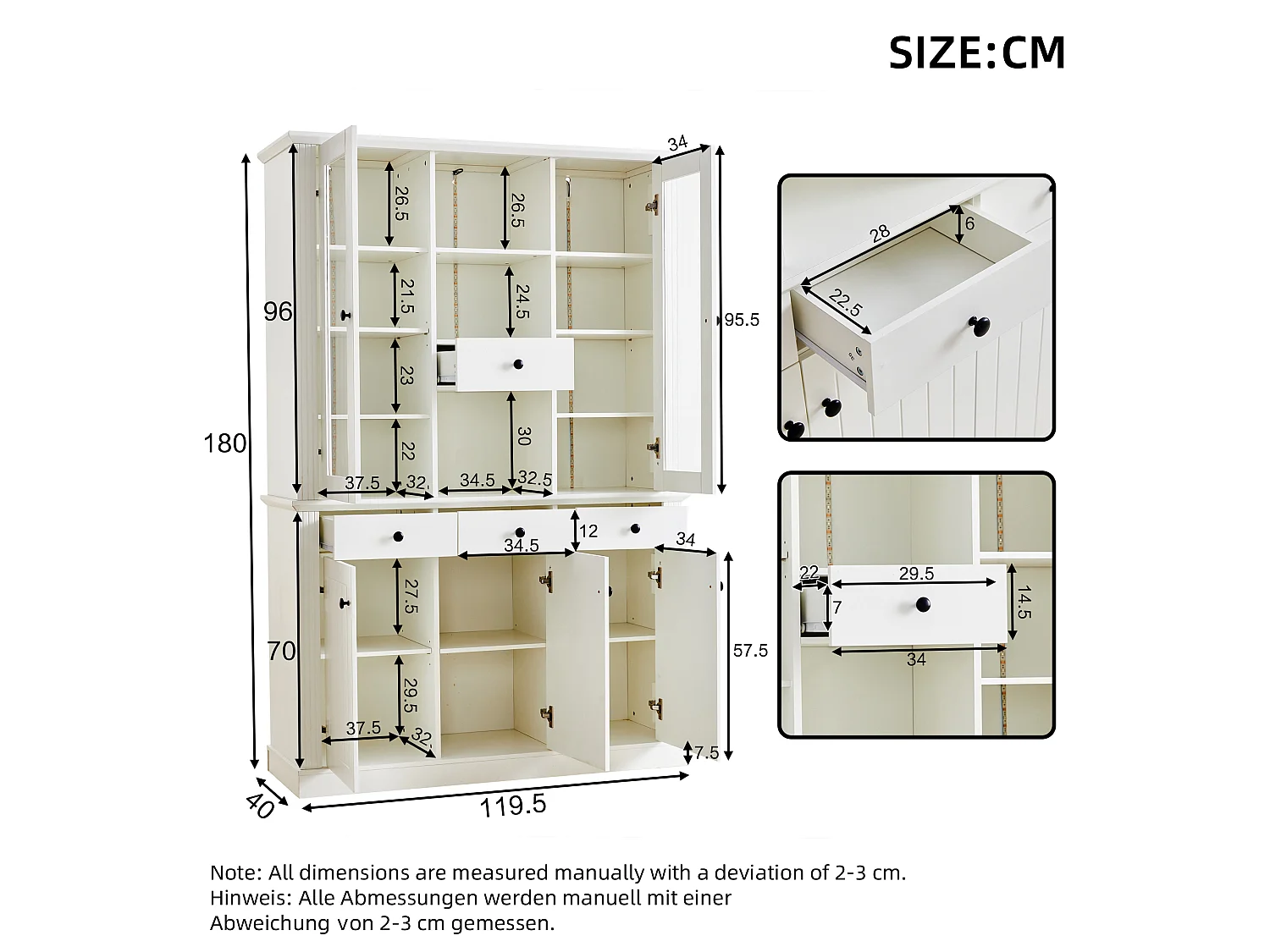 Vitrine mit 5 Türen, 4 Schubladen, 21 Fächern und LED-Beleuchtung – MDF und Acryl – 119,5 × 40 × 180 cm – Weiß