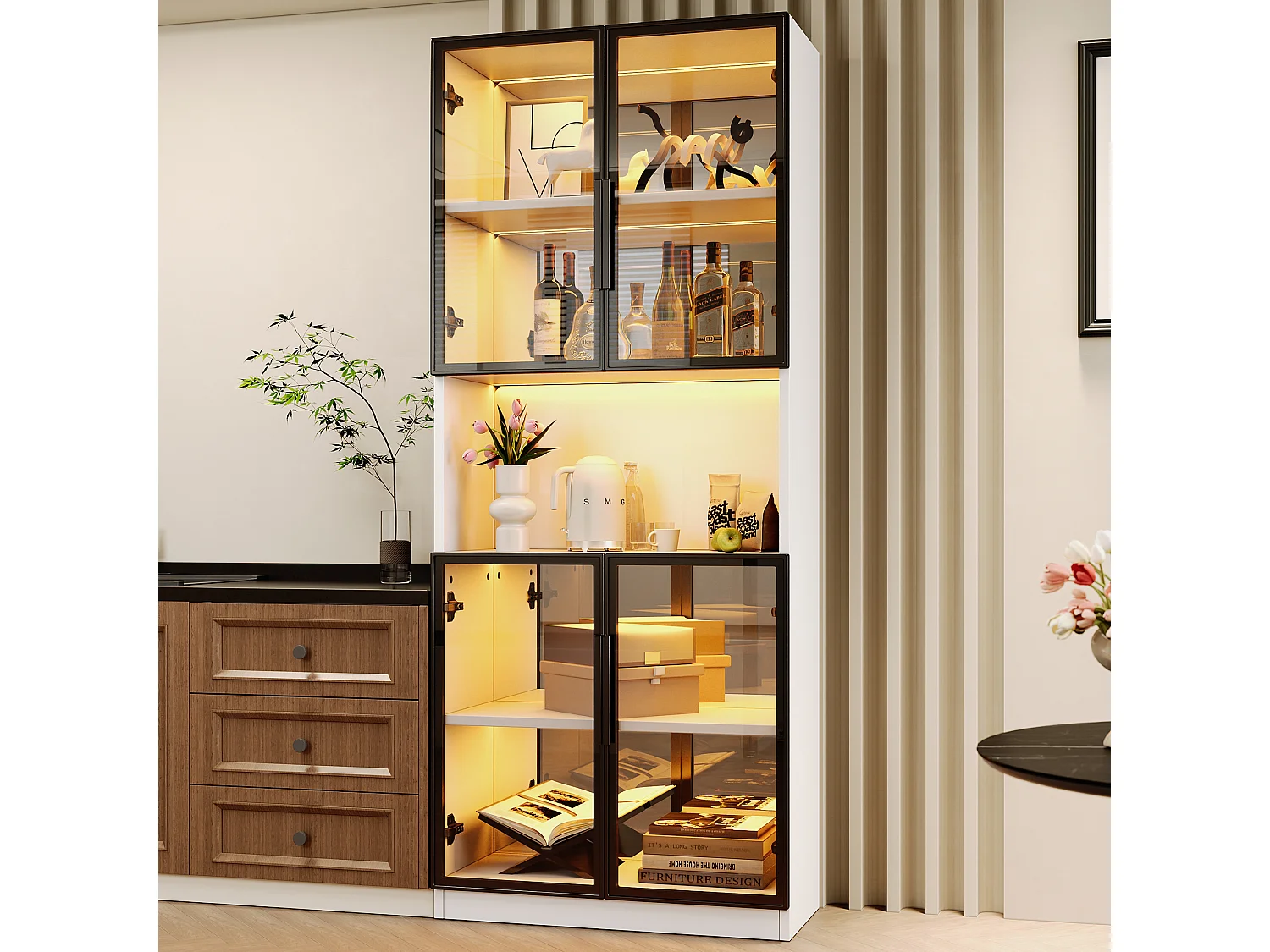 Vitrine mit LED-Beleuchtung, 4 grauen Glastüren und verspiegelter Rückwand – MDF und Glas – 70 x 30 x 170 cm – Weiß