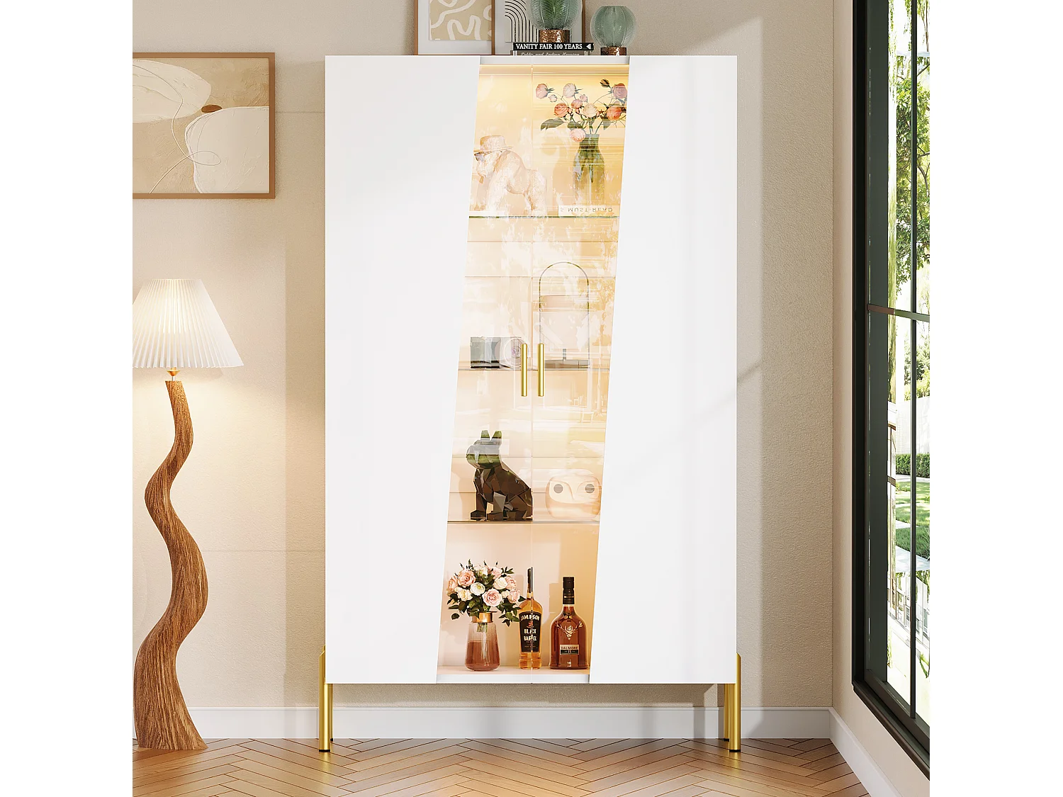 Vetrina con illuminazione a LED, anta in vetro temperato e 3 ripiani in vetro regolabili - MDF e vetro - 72 x 40 x 145 cm - Bianco