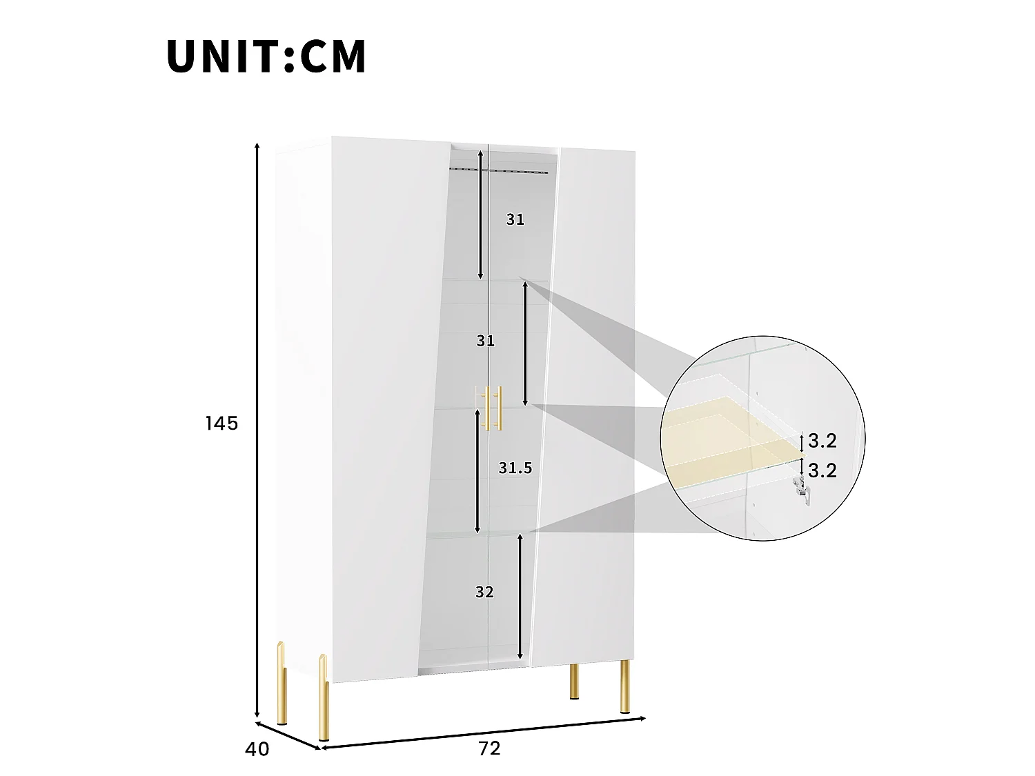 Vetrina con illuminazione a LED, anta in vetro temperato e 3 ripiani in vetro regolabili - MDF e vetro - 72 x 40 x 145 cm - Bianco
