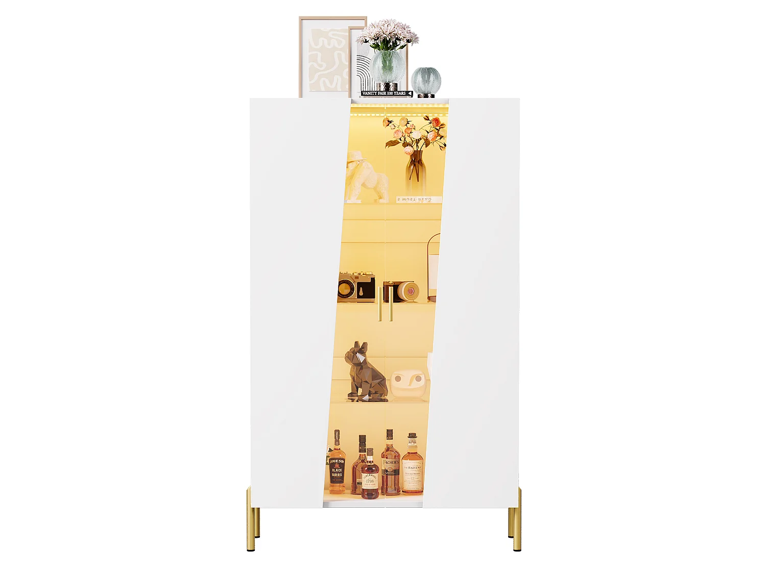 Vetrina con illuminazione a LED, anta in vetro temperato e 3 ripiani in vetro regolabili - MDF e vetro - 72 x 40 x 145 cm - Bianco