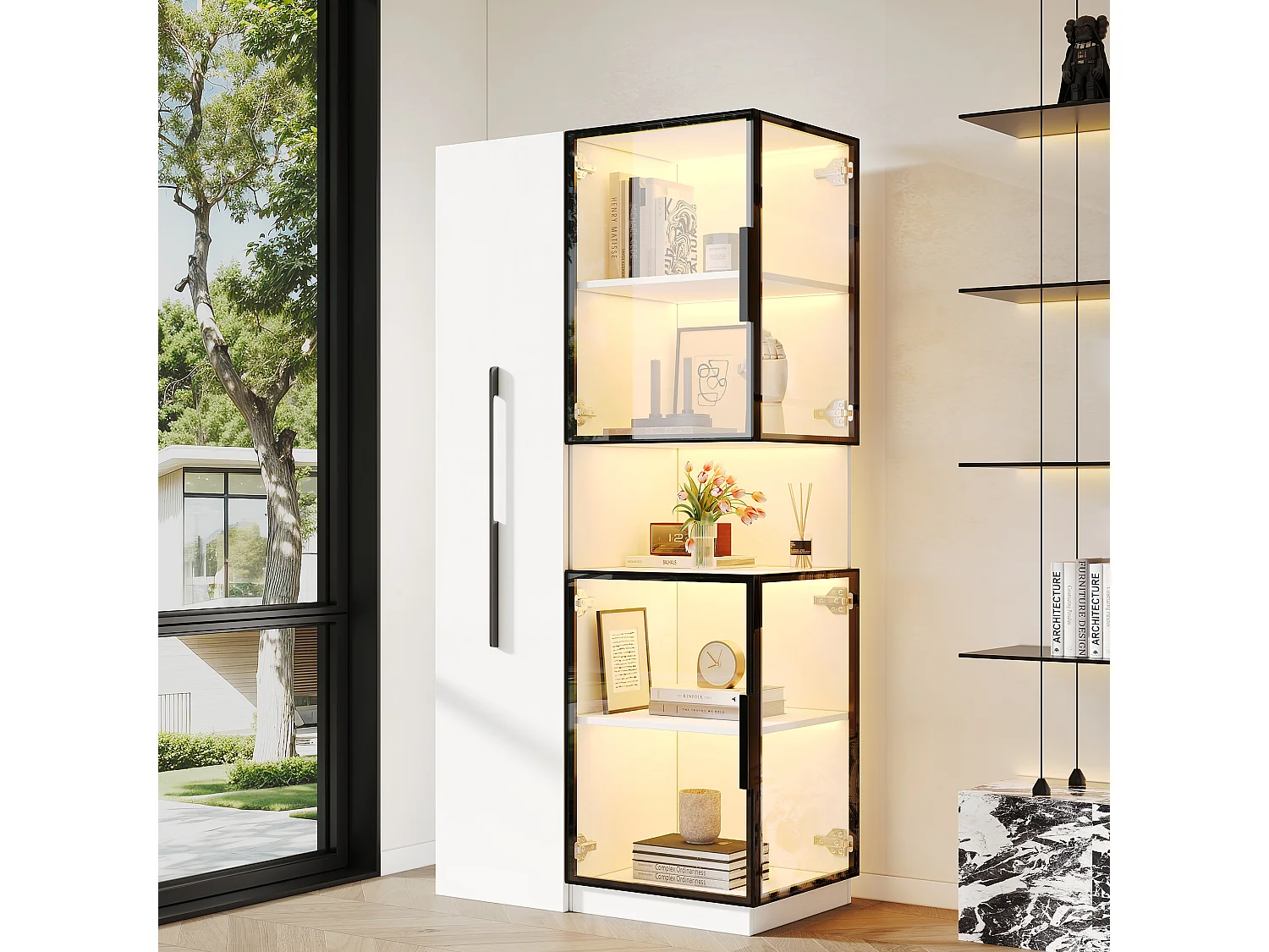 Vitrine mit LED-Beleuchtung, 4 Türen und Auszugsboden – MDF und Sicherheitsglas – 70 x 38 x 160 cm – Weiß