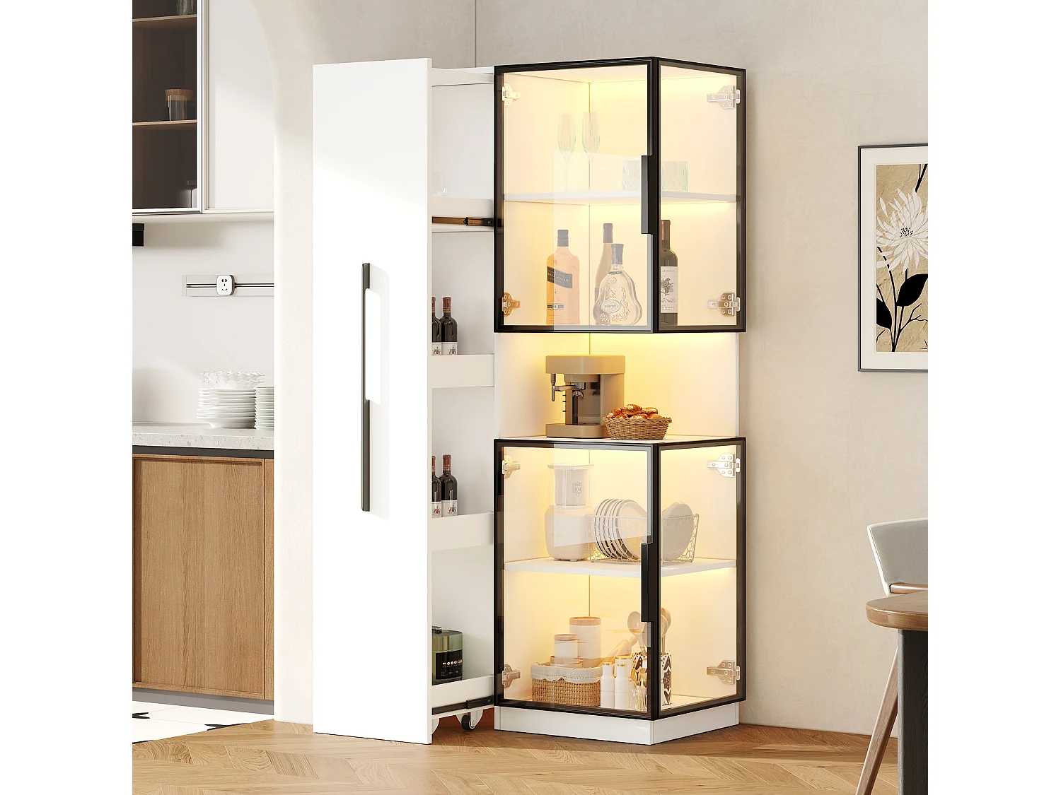 Vitrine mit LED-Beleuchtung, 4 Türen und Auszugsboden – MDF und Sicherheitsglas – 70 x 38 x 160 cm – Weiß