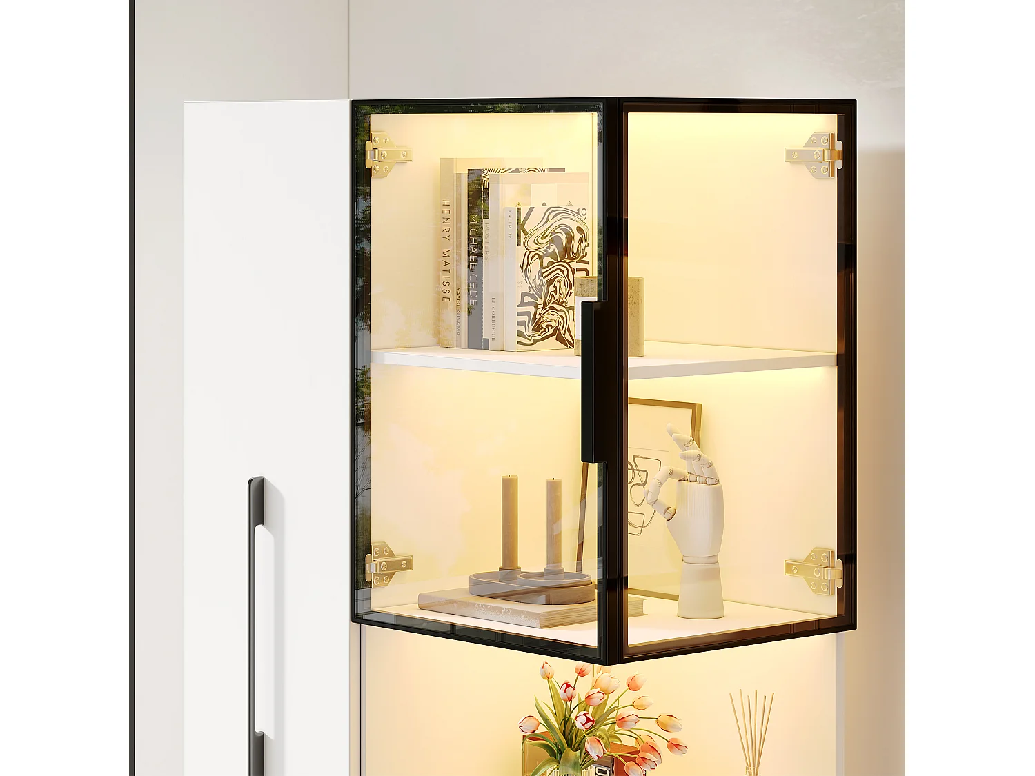 Vitrine mit LED-Beleuchtung, 4 Türen und Auszugsboden – MDF und Sicherheitsglas – 70 x 38 x 160 cm – Weiß
