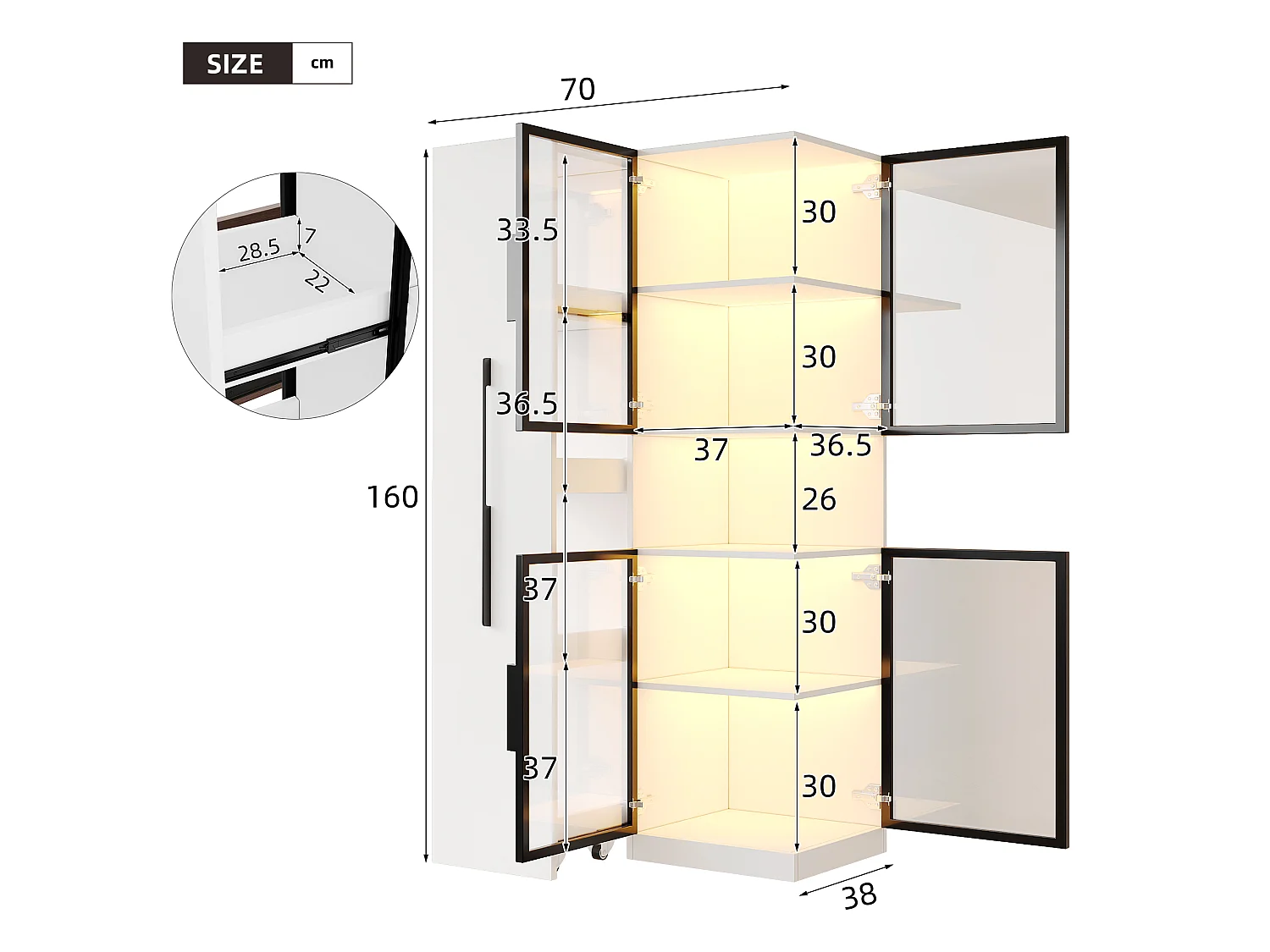 Vitrine mit LED-Beleuchtung, 4 Türen und Auszugsboden – MDF und Sicherheitsglas – 70 x 38 x 160 cm – Weiß