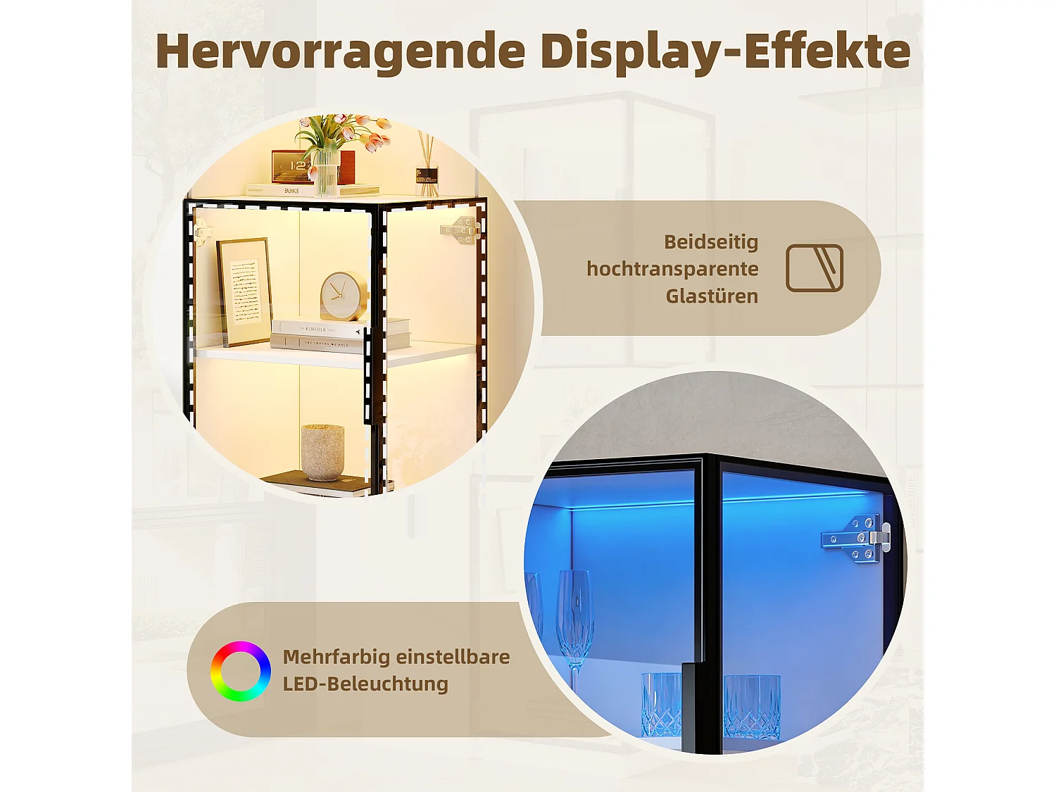 Vitrine mit LED-Beleuchtung, 4 Türen und Auszugsboden – MDF und Sicherheitsglas – 70 x 38 x 160 cm – Weiß