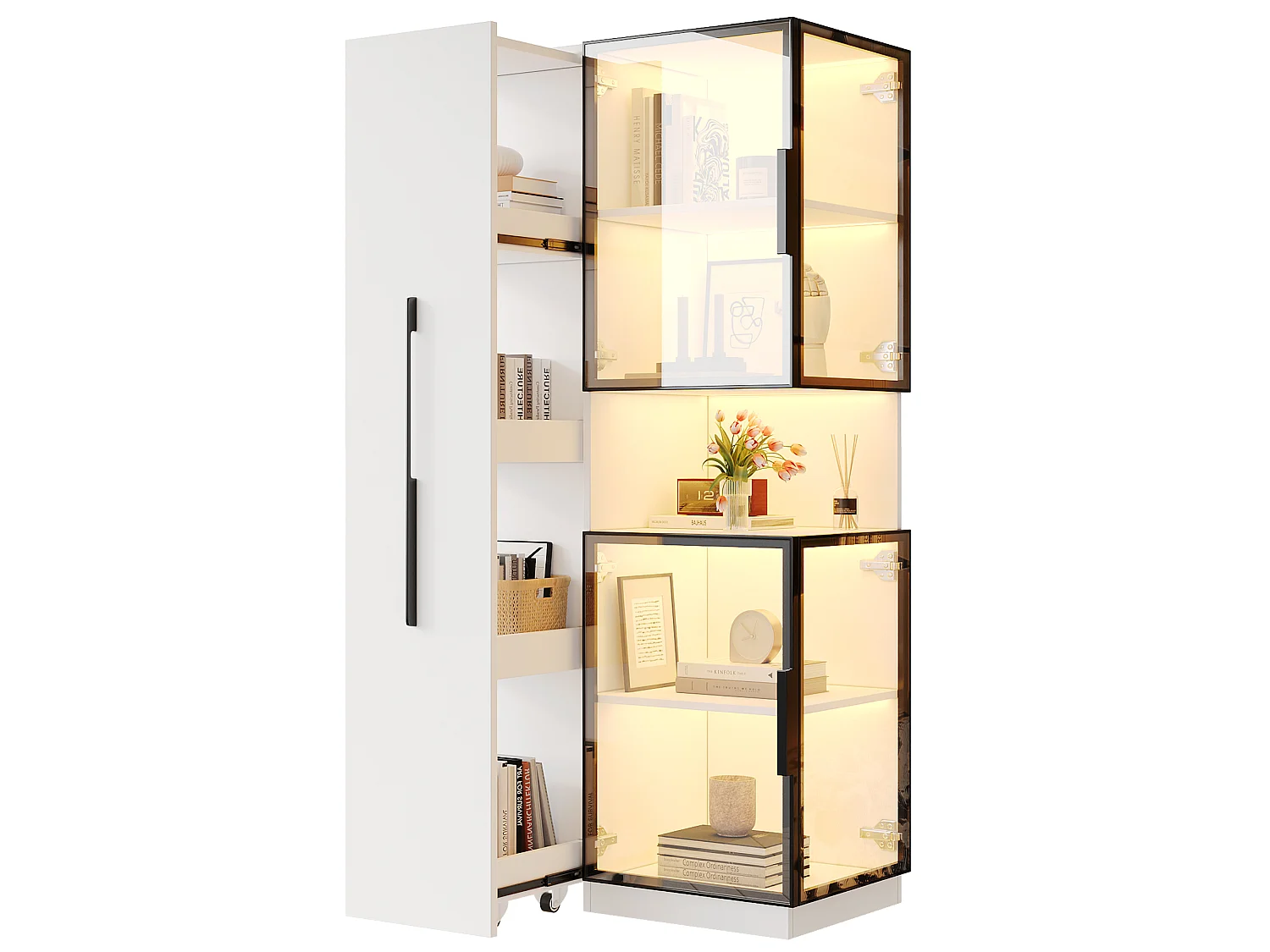 Vitrine mit LED-Beleuchtung, 4 Türen und Auszugsboden – MDF und Sicherheitsglas – 70 x 38 x 160 cm – Weiß