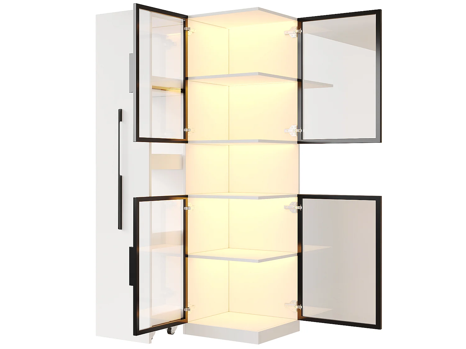 Vitrine mit LED-Beleuchtung, 4 Türen und Auszugsboden – MDF und Sicherheitsglas – 70 x 38 x 160 cm – Weiß