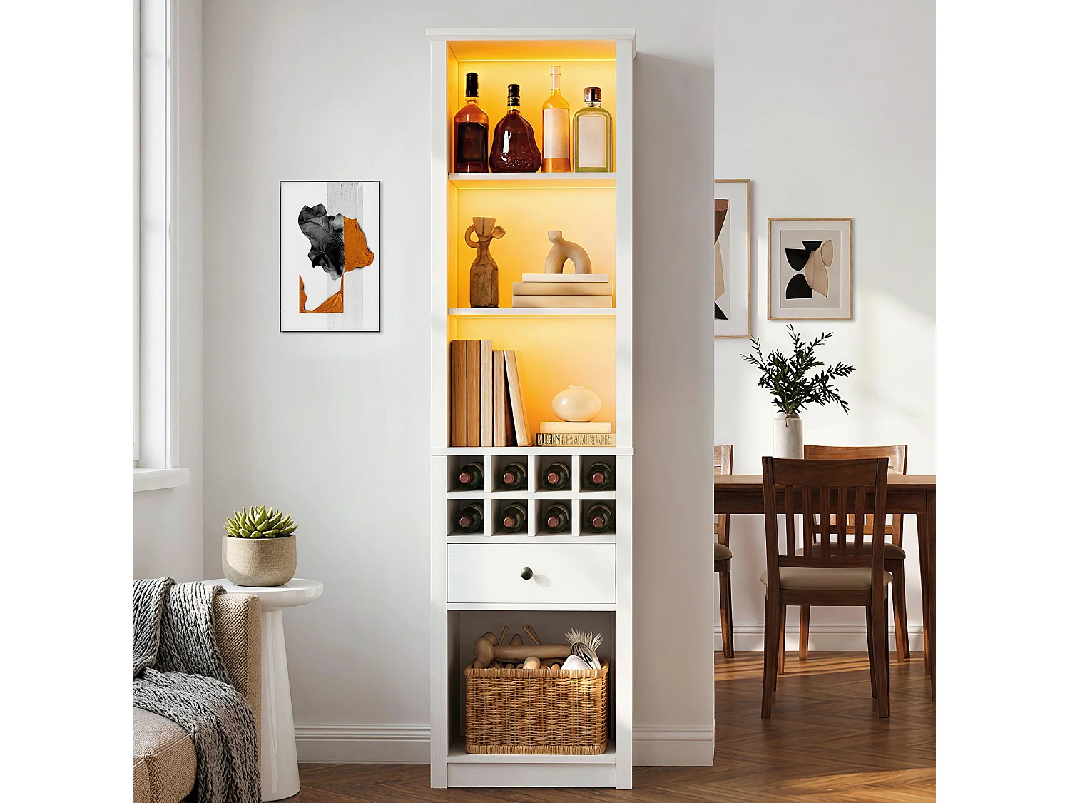Vetrina a giorno a LED con portabottiglie per 8 bottiglie, 1 cassetto e 12 scomparti - MDF - 55 × 40 × 200 cm - Bianca