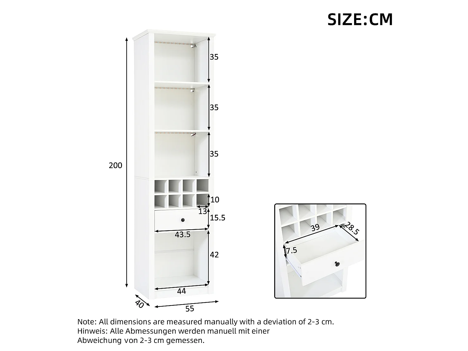 Vetrina a giorno a LED con portabottiglie per 8 bottiglie, 1 cassetto e 12 scomparti - MDF - 55 × 40 × 200 cm - Bianca