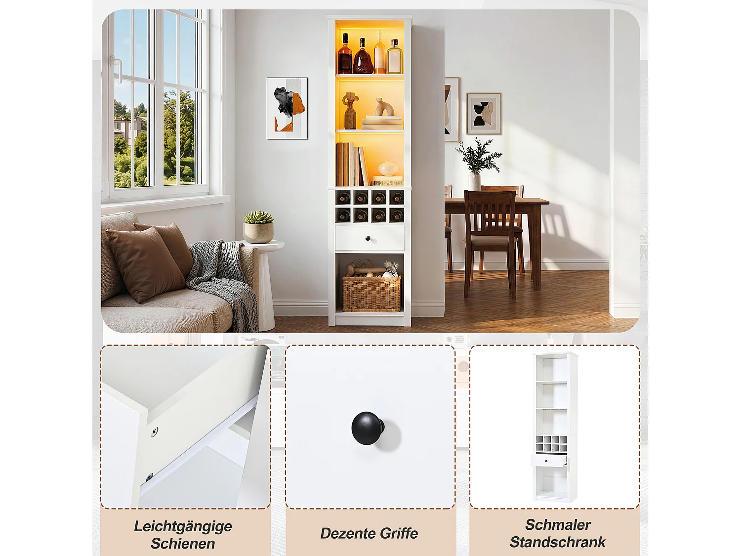 Vetrina a giorno a LED con portabottiglie per 8 bottiglie, 1 cassetto e 12 scomparti - MDF - 55 × 40 × 200 cm - Bianca