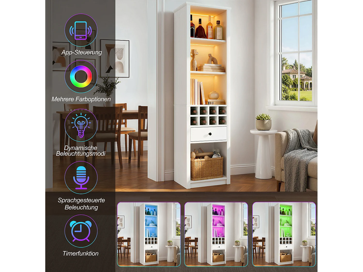 Vetrina a giorno a LED con portabottiglie per 8 bottiglie, 1 cassetto e 12 scomparti - MDF - 55 × 40 × 200 cm - Bianca