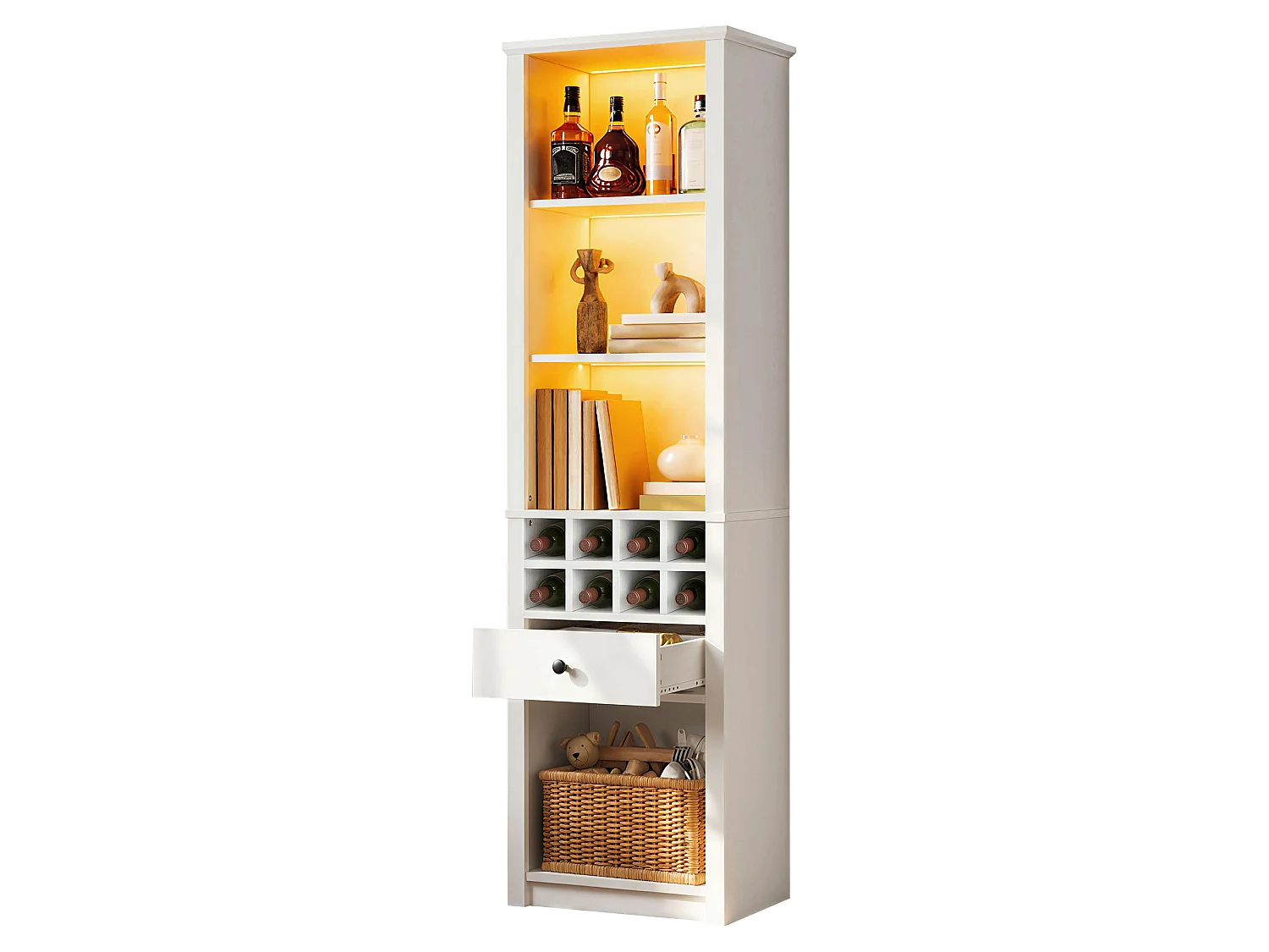 Vetrina a giorno a LED con portabottiglie per 8 bottiglie, 1 cassetto e 12 scomparti - MDF - 55 × 40 × 200 cm - Bianca