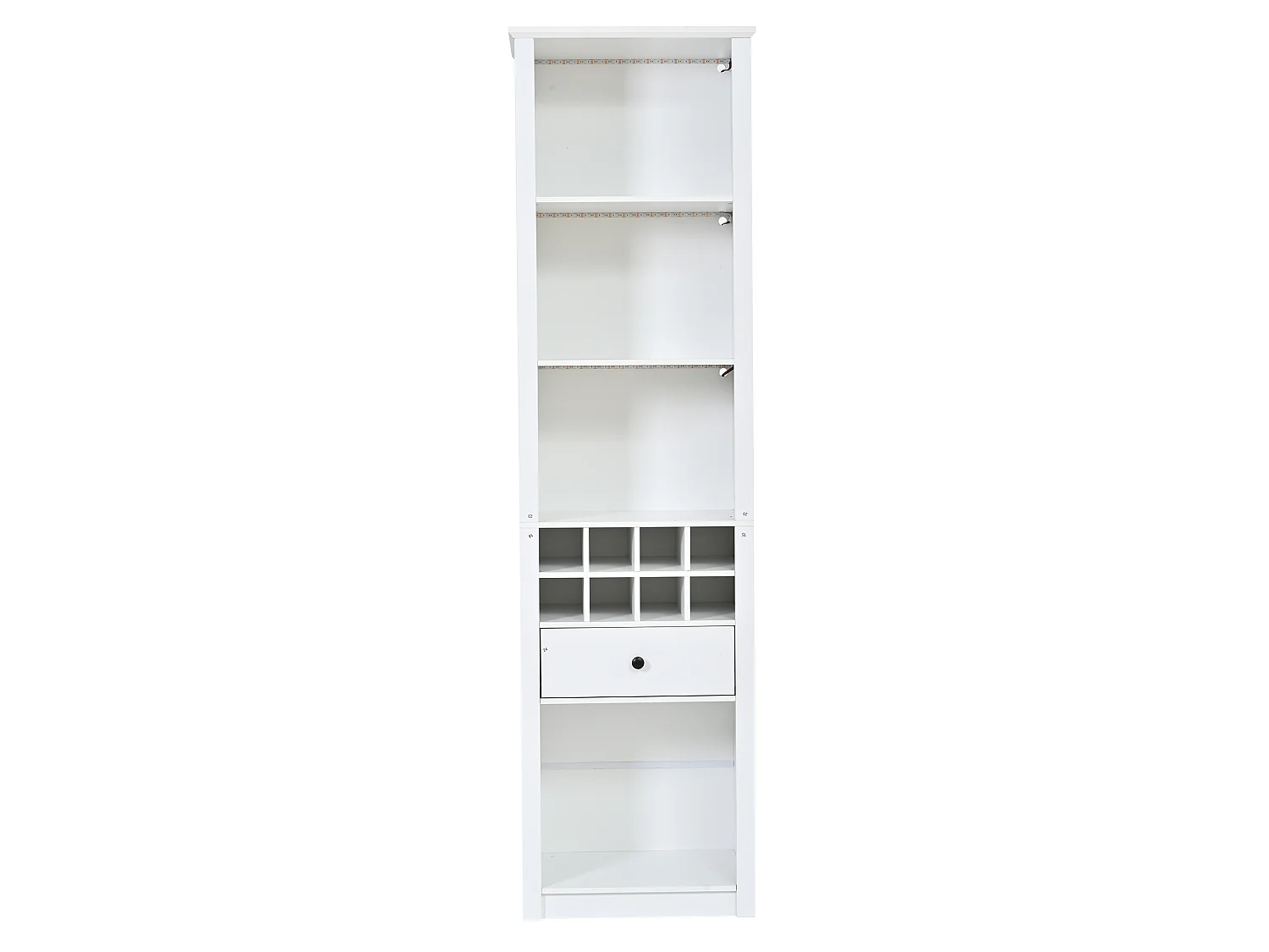 Vetrina a giorno a LED con portabottiglie per 8 bottiglie, 1 cassetto e 12 scomparti - MDF - 55 × 40 × 200 cm - Bianca