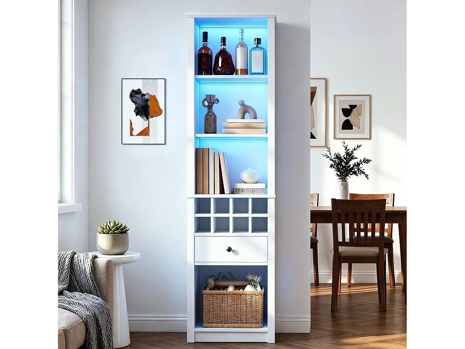 Vetrina a giorno a LED con portabottiglie per 8 bottiglie, 1 cassetto e 12 scomparti - MDF - 55 × 40 × 200 cm - Bianca