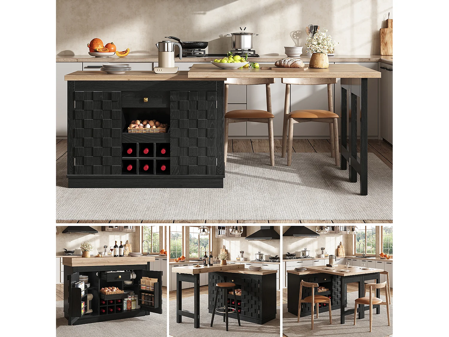 Stół jadalny obrotowy 360°, składany z 6 uchwytami na butelki, 2 drzwiami i 1 szufladą – płyta MDF i metal – 120/197 x 40 x 74,2 cm – czarny