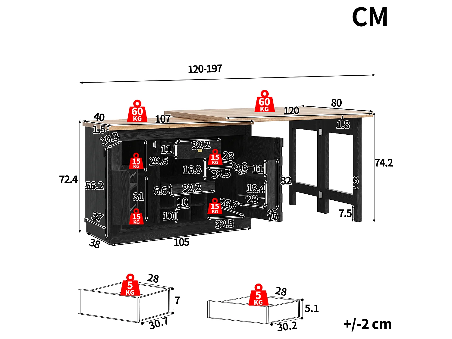 Stół jadalny obrotowy 360°, składany z 6 uchwytami na butelki, 2 drzwiami i 1 szufladą – płyta MDF i metal – 120/197 x 40 x 74,2 cm – czarny