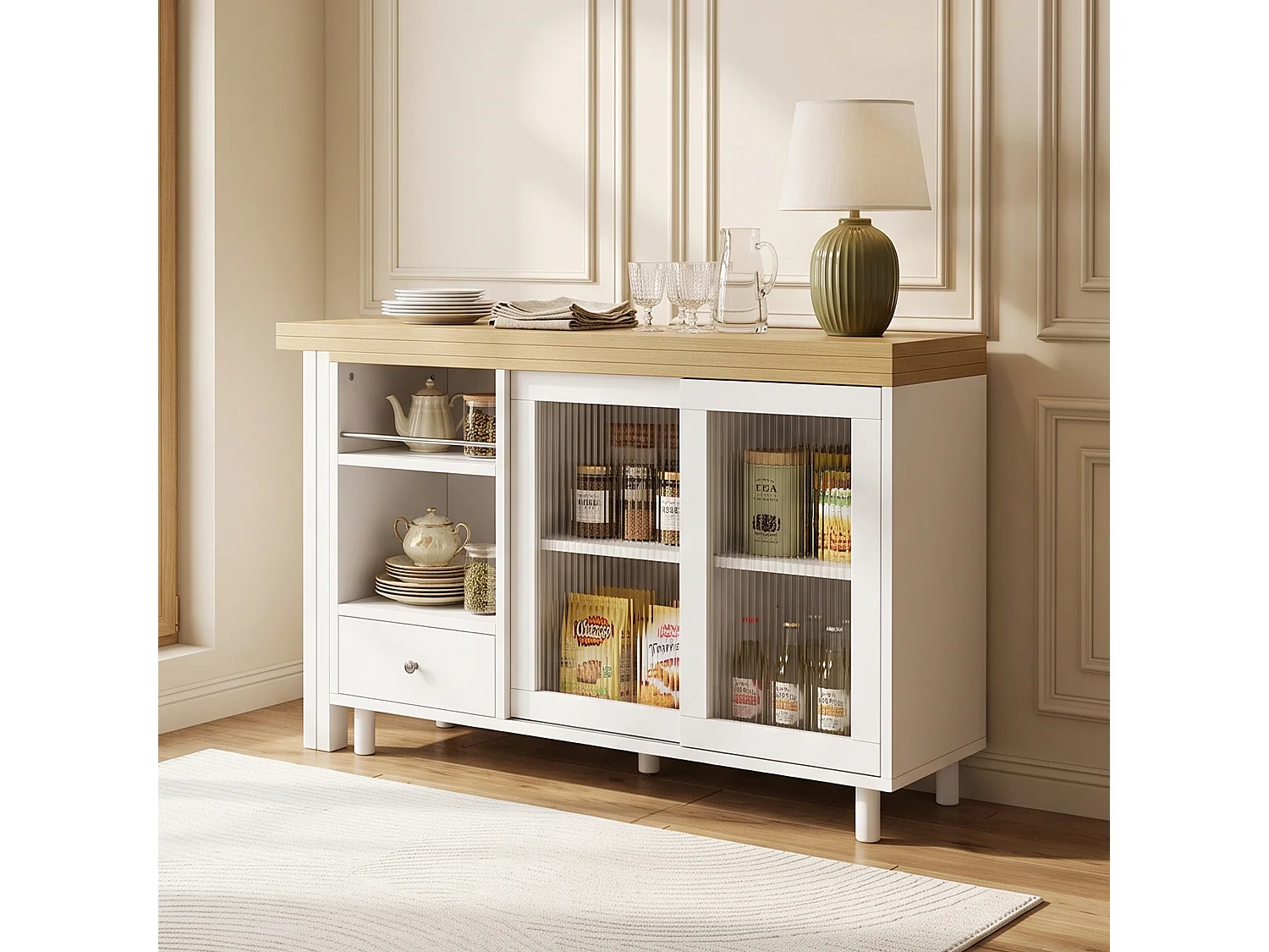 Table à manger pliante et extensible avec 1 tiroir et 2 portes vitrées - MDF, acier et verre - 120 x 40 x 75,5 cm - Blanc et naturel
