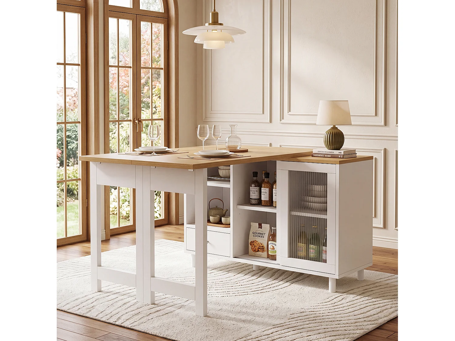 Table à manger pliante et extensible avec 1 tiroir et 2 portes vitrées - MDF, acier et verre - 120 x 40 x 75,5 cm - Blanc et naturel