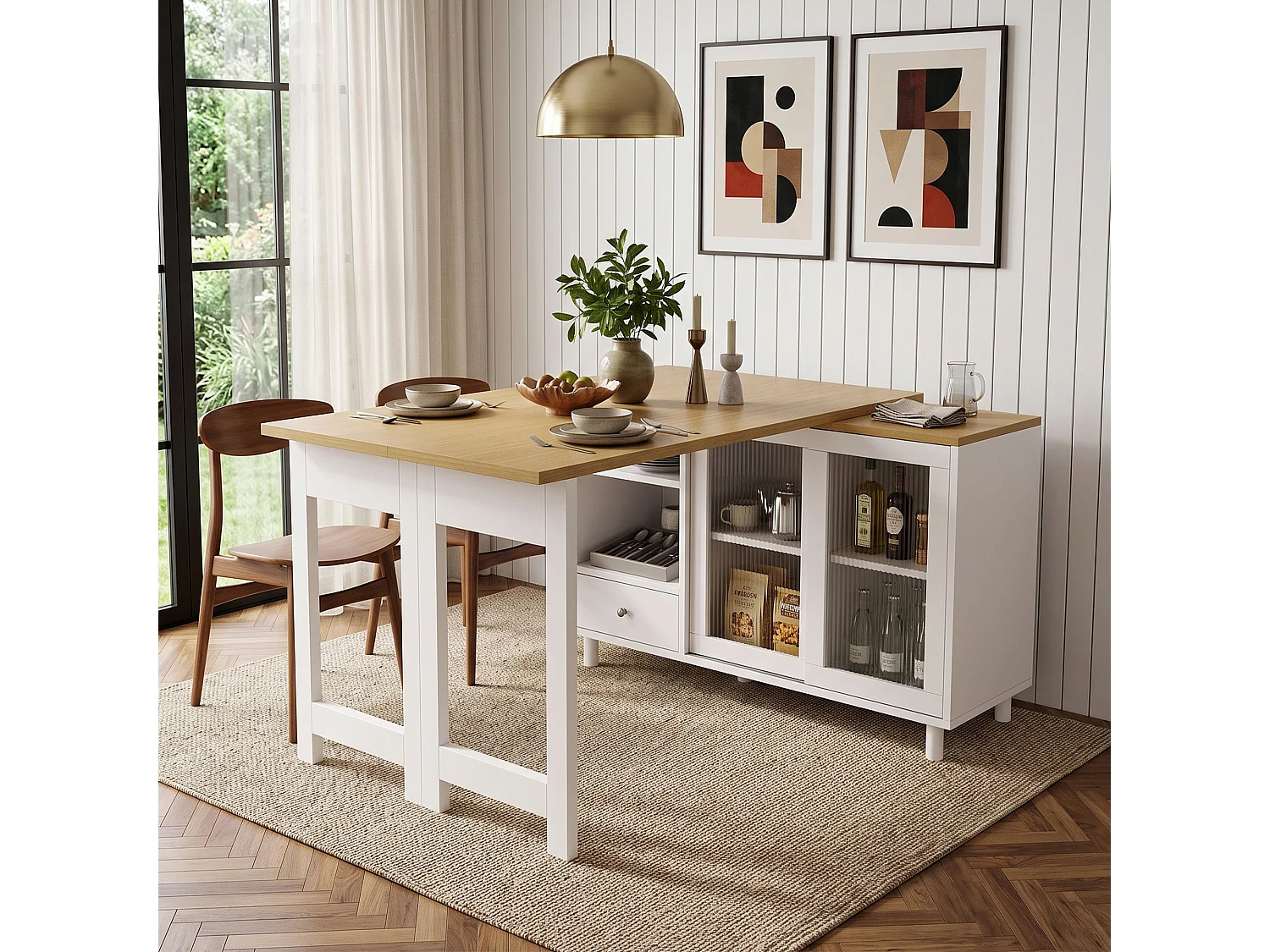 Table à manger pliante et extensible avec 1 tiroir et 2 portes vitrées - MDF, acier et verre - 120 x 40 x 75,5 cm - Blanc et naturel