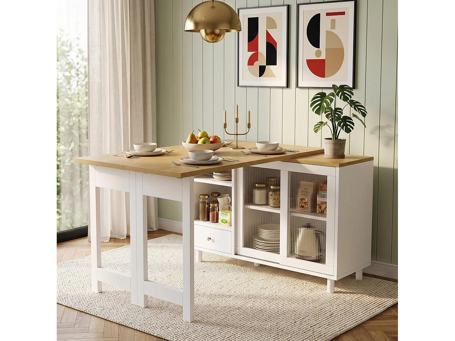 Table à manger pliante et extensible avec 1 tiroir et 2 portes vitrées - MDF, acier et verre - 120 x 40 x 75,5 cm - Blanc et naturel